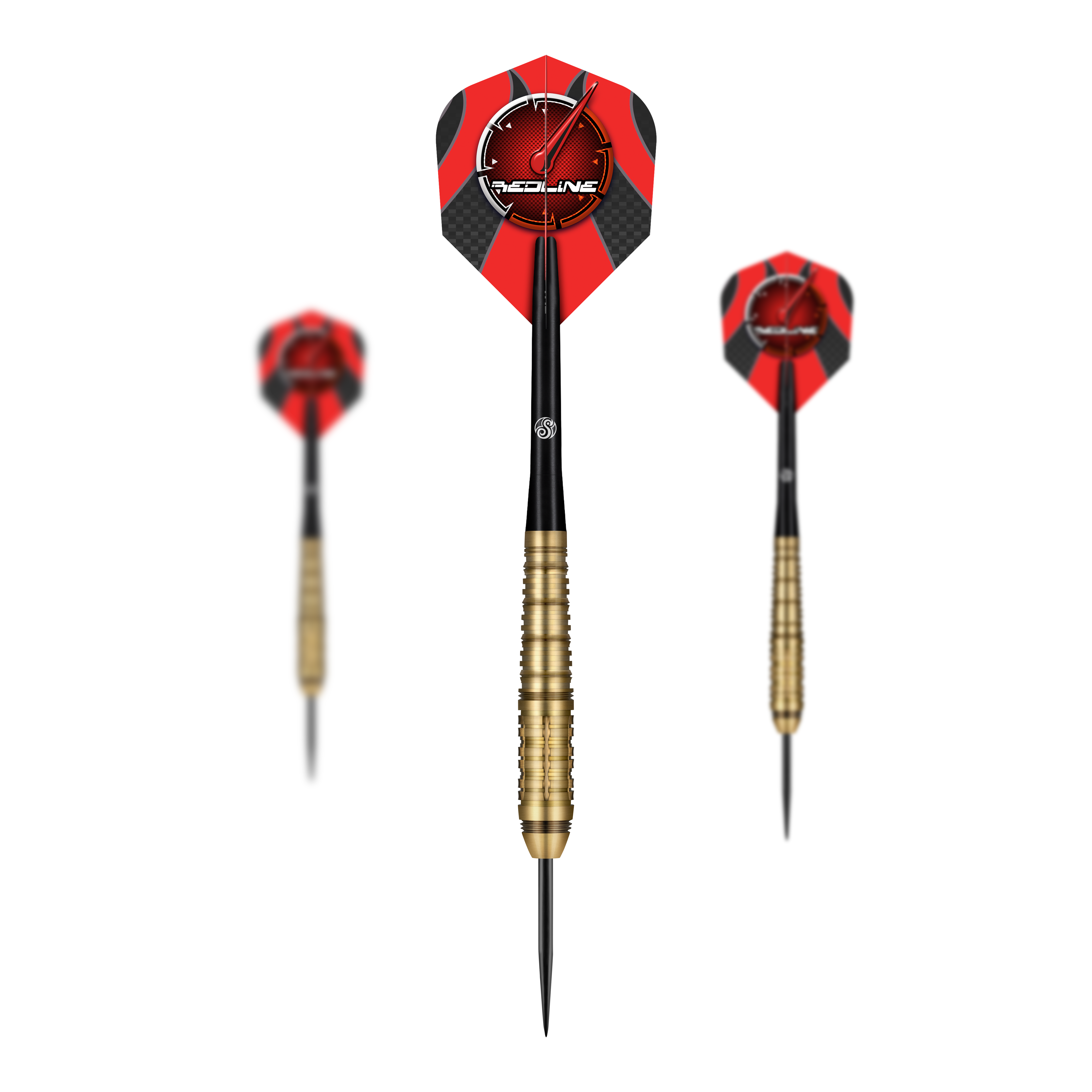 Strzały stalowe Redline Mach 1 Das Bild zeigt drei Steeldarts des Produkts "Shot Redline Mach 1". Die Darts haben rote Flights mit einem Logo und goldene Griffe.