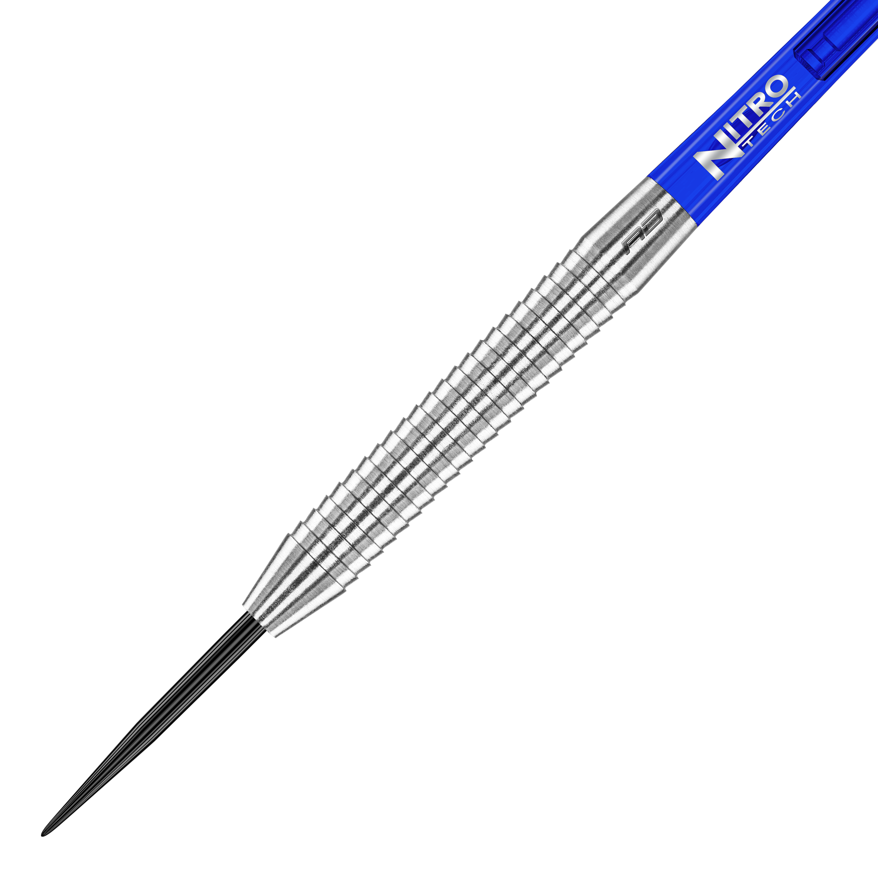 Das Bild zeigt einen Red Dragon Razor Edge Original Steeldart mit einem Gewicht von 24g. Der Dart hat einen silbernen, geriffelten Schaft und ein blaues Flight-Element.