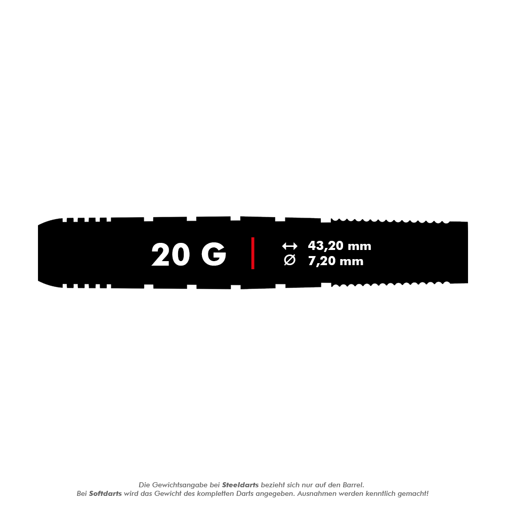 RD2402_Red_Dragon_Luke_Humphries_2021_Softdarts_5_20g Das Bild zeigt einen Softdart mit einem Gewicht von 20 Gramm. Die Maße des Darts sind 43,20 mm Länge und 7,20 mm Durchmesser.
