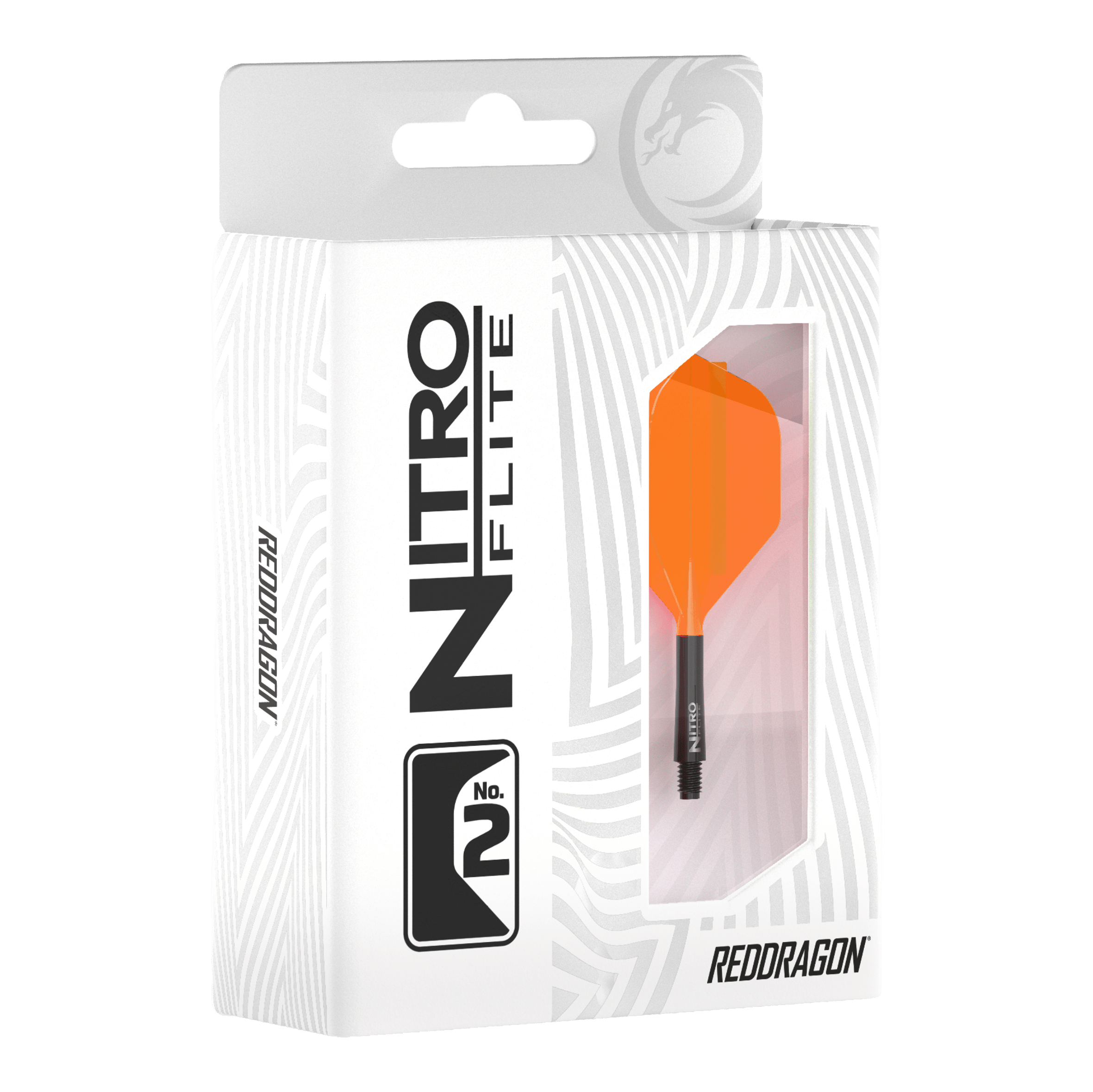 Abgebildet ist Red Dragon Nitroflite Black Shaft Orange Flights No2. Der Dart hat einen schwarzen Schaft und orange Flights.