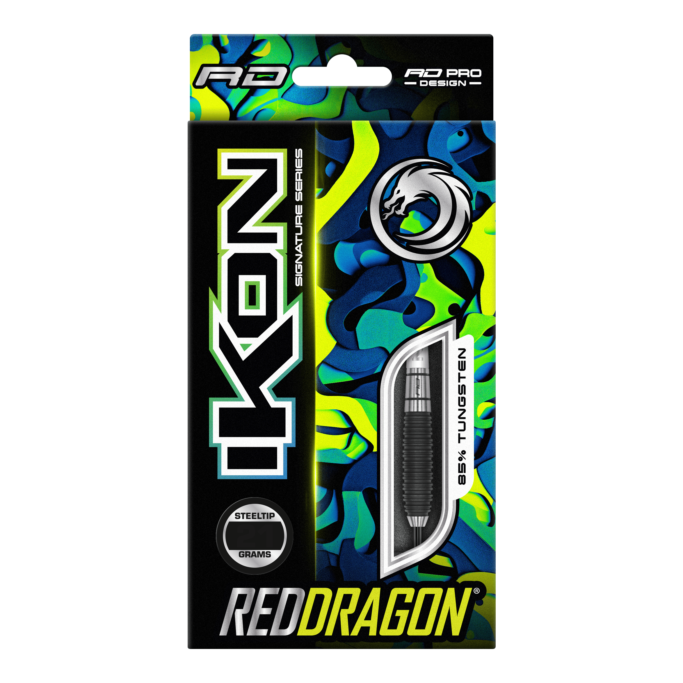 Red Dragon Ikona 3 Steeldarts Auf dem Bild ist die Verpackung der "Red Dragon Ikon 3 Steeldarts" zu sehen. Die Packung ist bunt gestaltet und hebt hervor, dass die Darts aus 85% Tungsten bestehen.