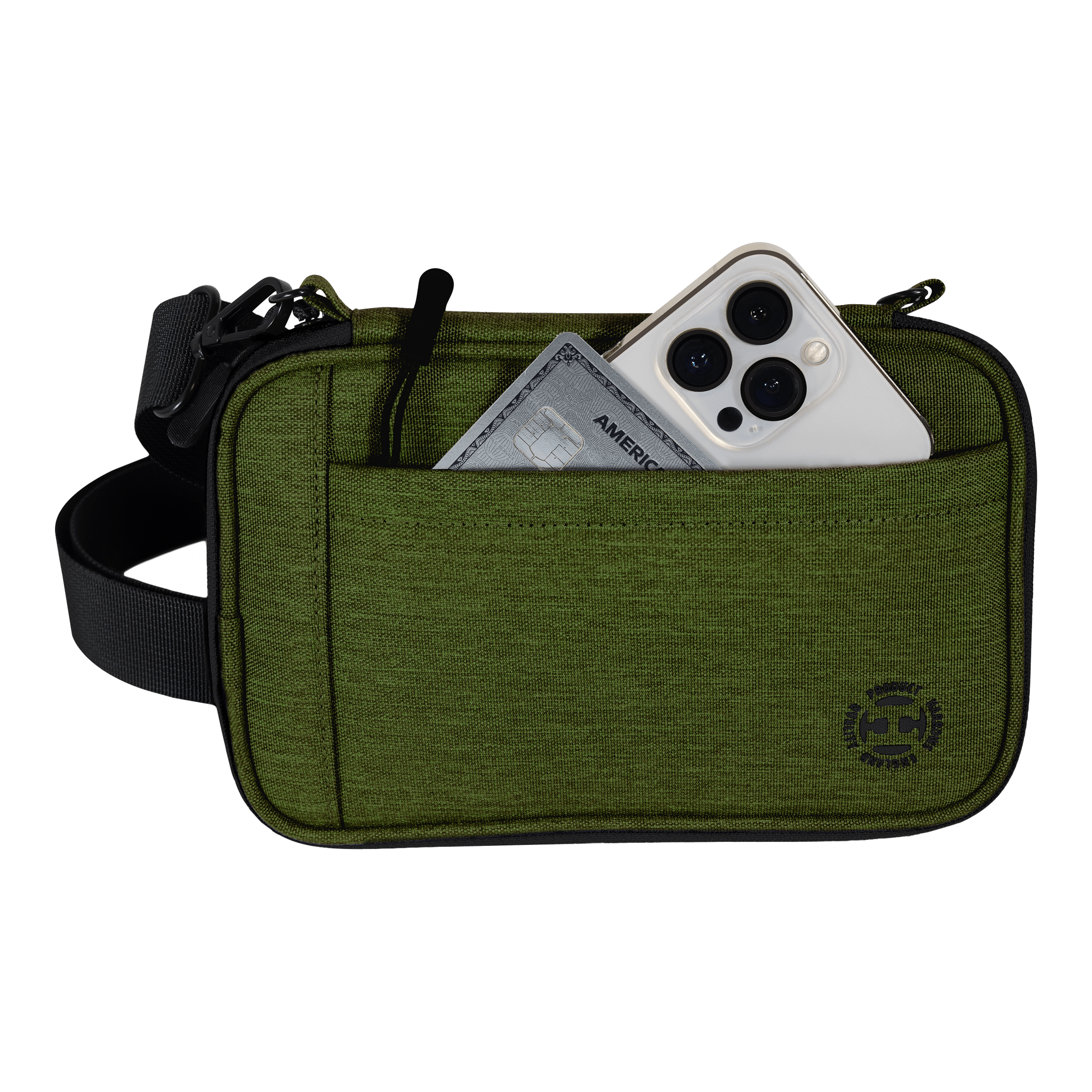 Etui na lotki Harrows Smart Case XL Die Abbildung zeigt eine grüne Tasche mit einem Schultergurt. In der Fronttasche stecken ein Smartphone und eine Kreditkarte.