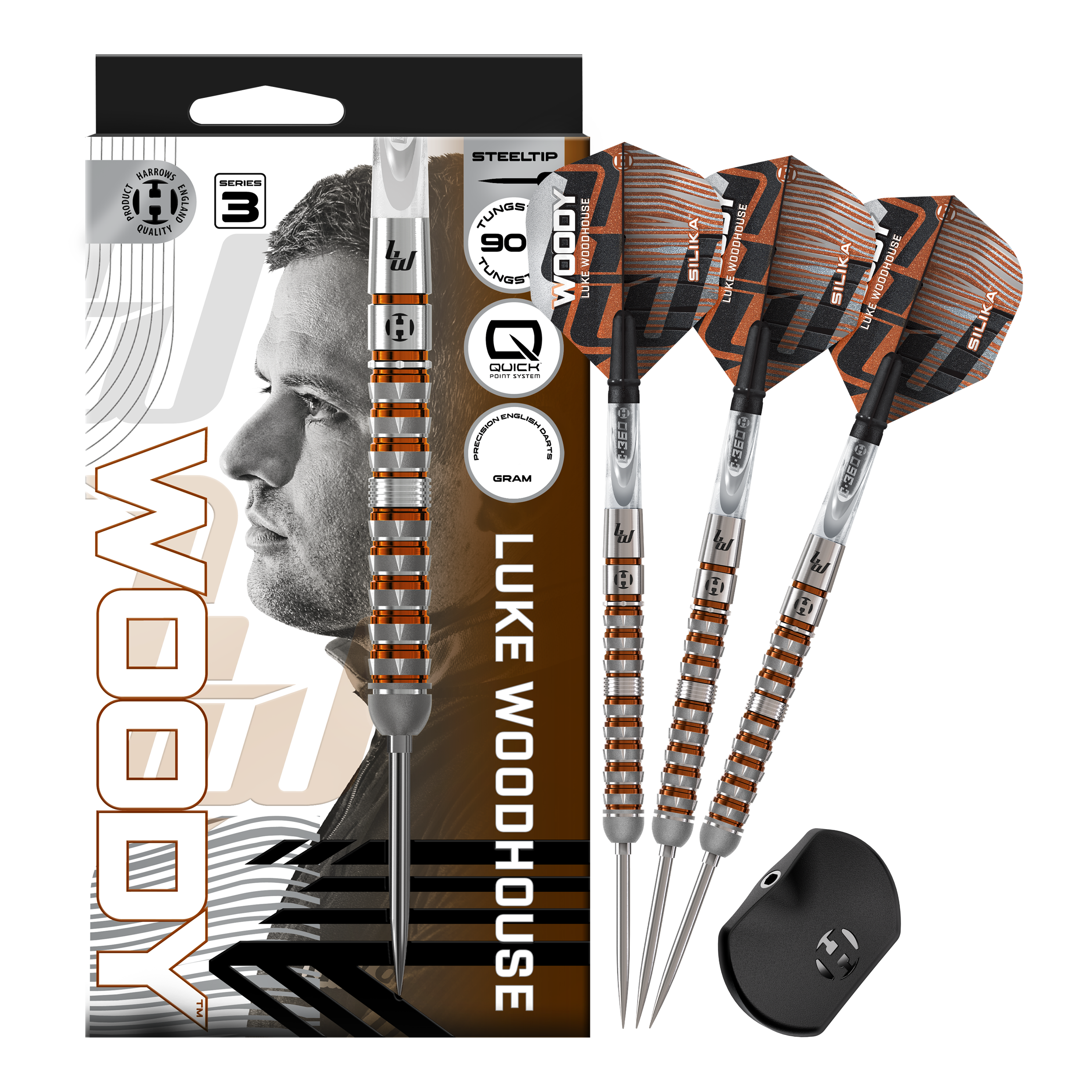 Gezeigt werden die Harrows Luke Woodhouse Series 3 Quick Point Steeldarts. Sie bieten eine hochwertige Verarbeitung und ein modernes Design.