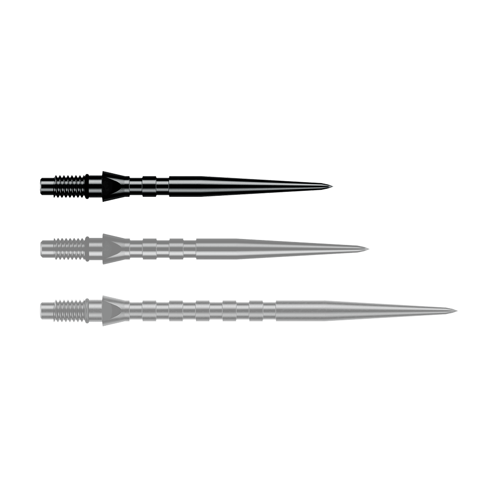 Abgebildet ist eine einzelne schwarze Winmau Switch Point Groove Steeldartspitze, 26 mm lang. Sie eignet sich zum Austausch von Steeldartspitzen.