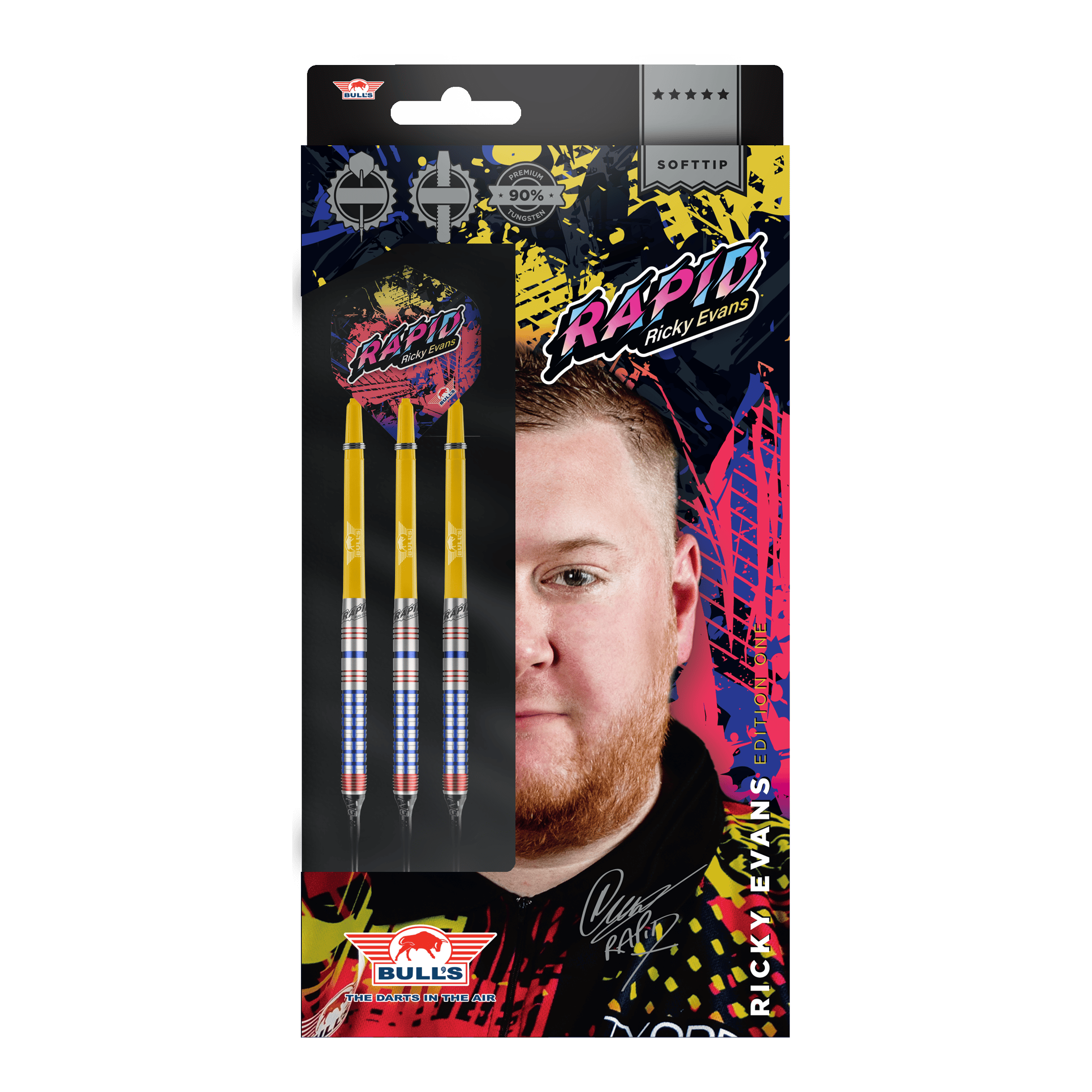 Miękkie rzutki Bulls NL Ricky Evans Rapid Edition One - 20g Das Bild zeigt die Verpackung der "Bulls NL Ricky Evans Rapid Edition One Softdarts - 20g". Auf der Verpackung sind drei Softdarts und ein Porträt von Ricky Evans abgebildet.