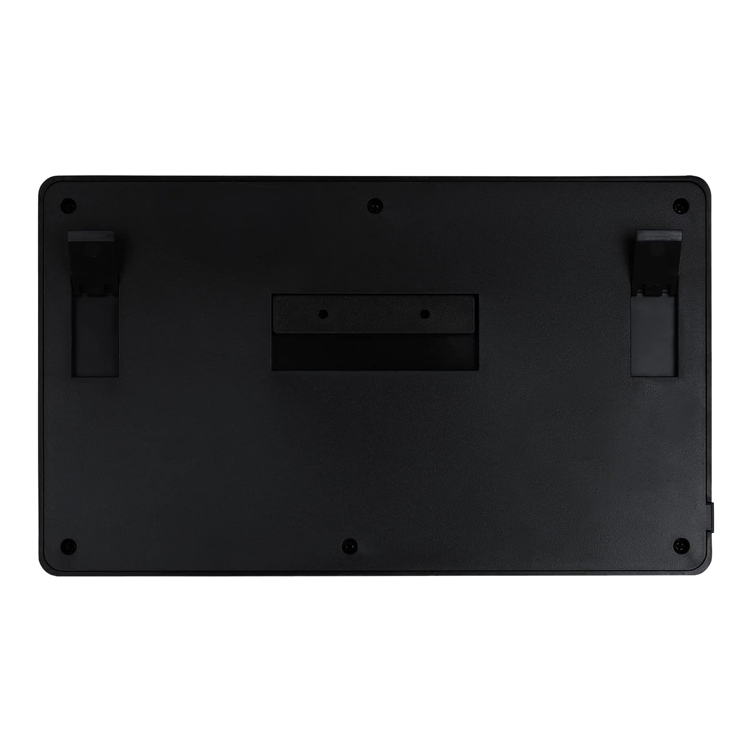 Licznik rzutek XQMax Dublin Das Bild zeigt die Rückseite des XQMax Dublin Dart Counter. Die Oberfläche ist schwarz mit zwei ausklappbaren Ständern und mehreren Befestigungspunkten.