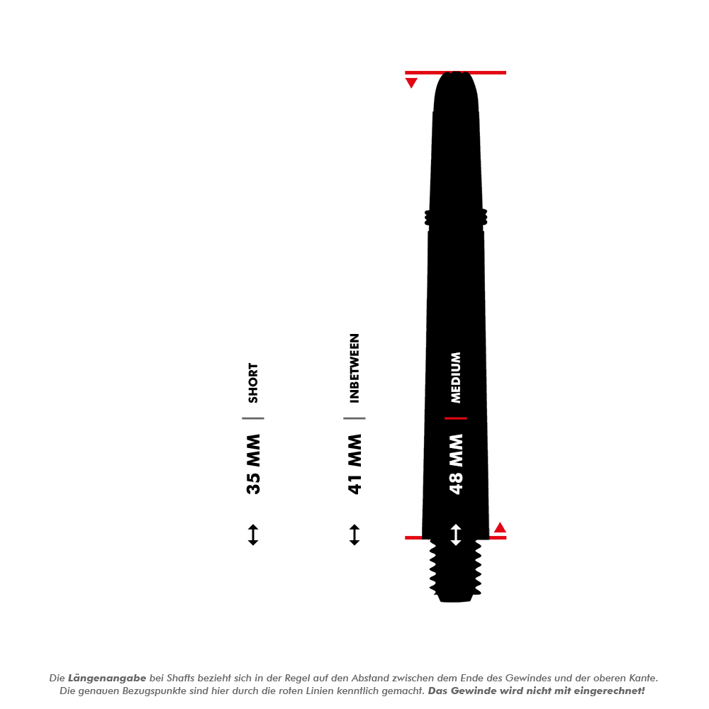 Wałki karbonowe Shot Koi - zielone Das Bild zeigt drei verschiedene Längen von Koi Carbon Schäften: 35 mm (kurz), 41 mm (mittel) und 48 mm (lang). Die roten Linien markieren die Messpunkte, wobei das Gewinde nicht mitgerechnet wird.