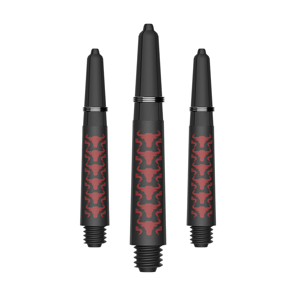 Das Bild zeigt ein Set aus roten Capo Carbon Shafts mit einer kurzen Länge von 34mm. Es handelt sich um Zubehör für Dartpfeile.