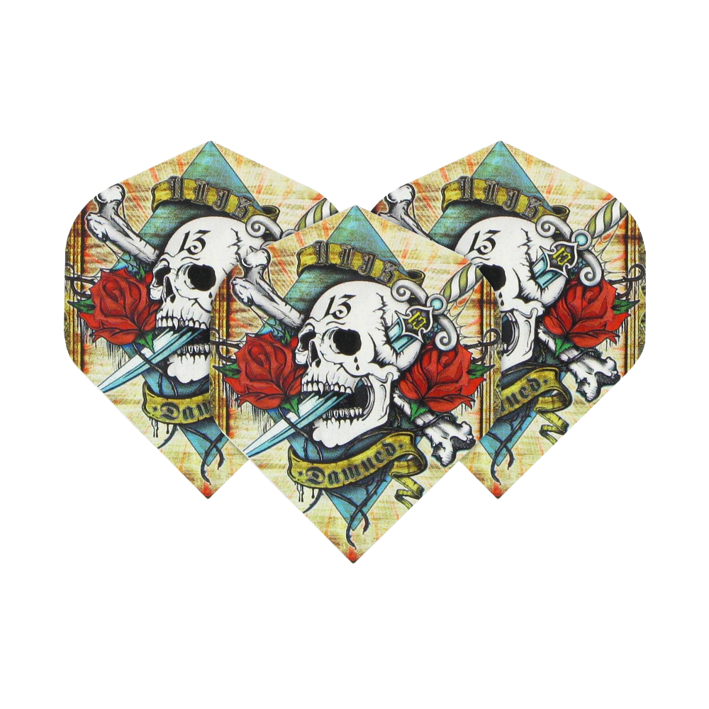ALC4_Alchemy_Damned_Standard_Flights_1wKRhWTzAGpLOA Das Bild zeigt drei Dart-Flights mit einem Totenkopf, einer roten Rose und einem Dolch als Motiv. Auf jedem Flight steht das Wort „Damned“ auf einem Banner.