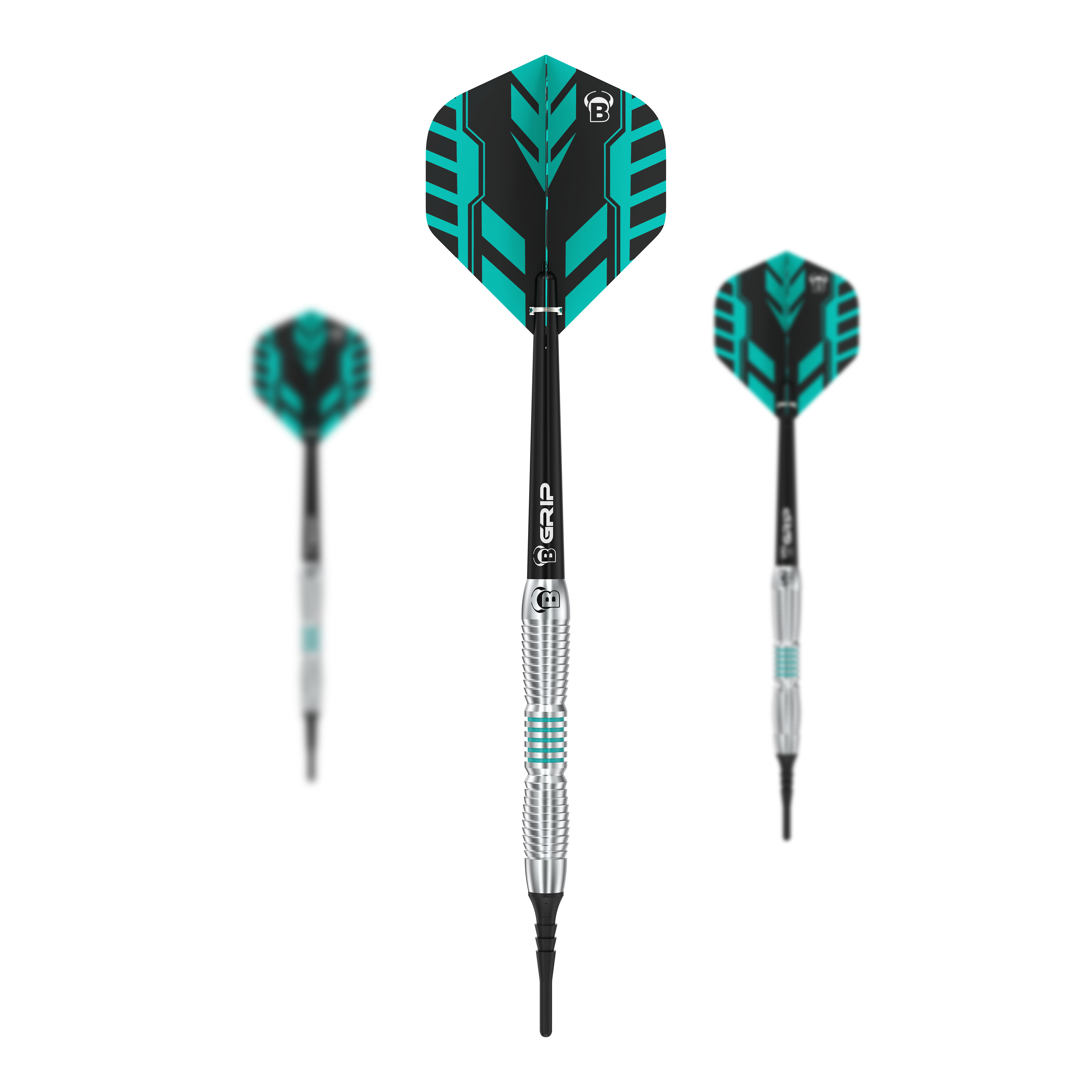 Auf dem Bild sind drei Bulls V1 Softdarts zu sehen, die nebeneinander angeordnet sind. Die Darts haben silberne Spitzen, schwarze Schäfte und türkis-schwarz gemusterte Flights.