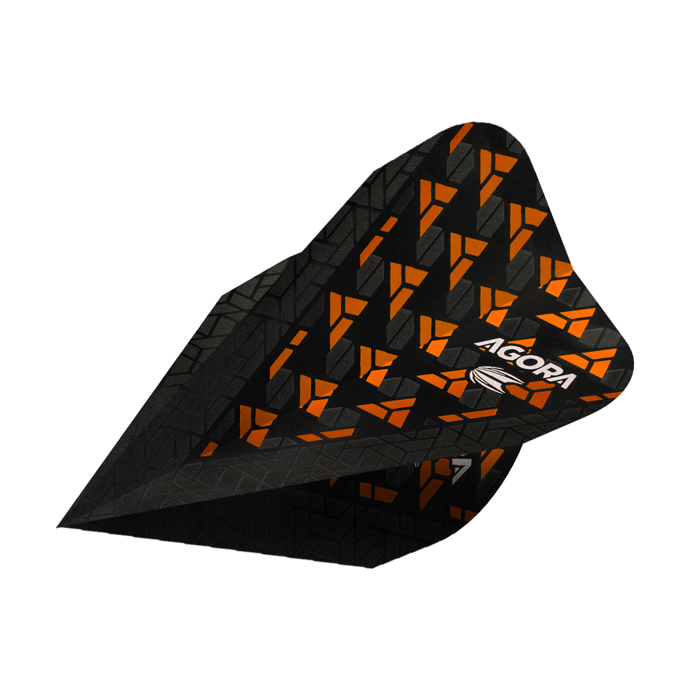 Das Bild zeigt ein Target Agora Ghost Orange Vapor Flight für Darts. Das Flight ist schwarz mit einem auffälligen orangenen Muster und dem Schriftzug "AGORA".