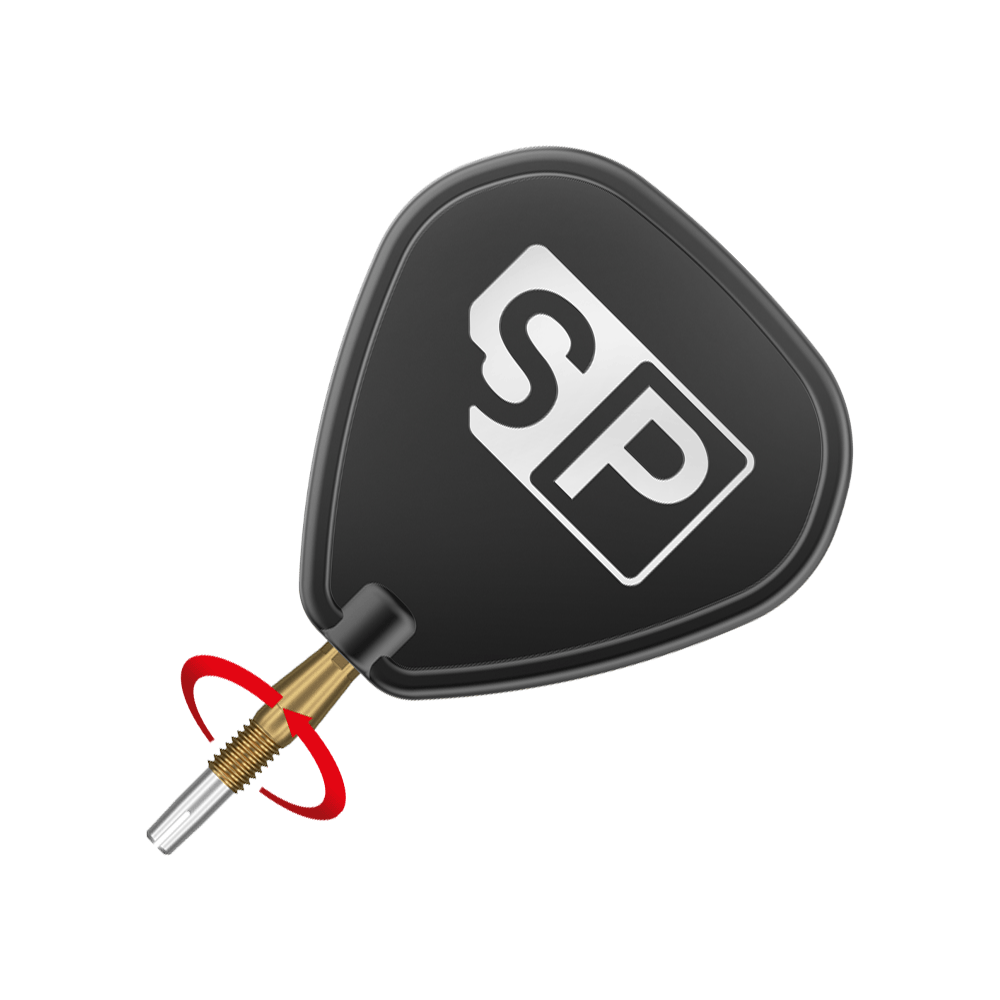Końcówki do lotek Target Swiss Storm Diamond Point – złote Das Bild zeigt eine schwarze Dartflügel mit der Aufschrift "SP" in weiß. Daran ist eine goldene Dartspitze befestigt.