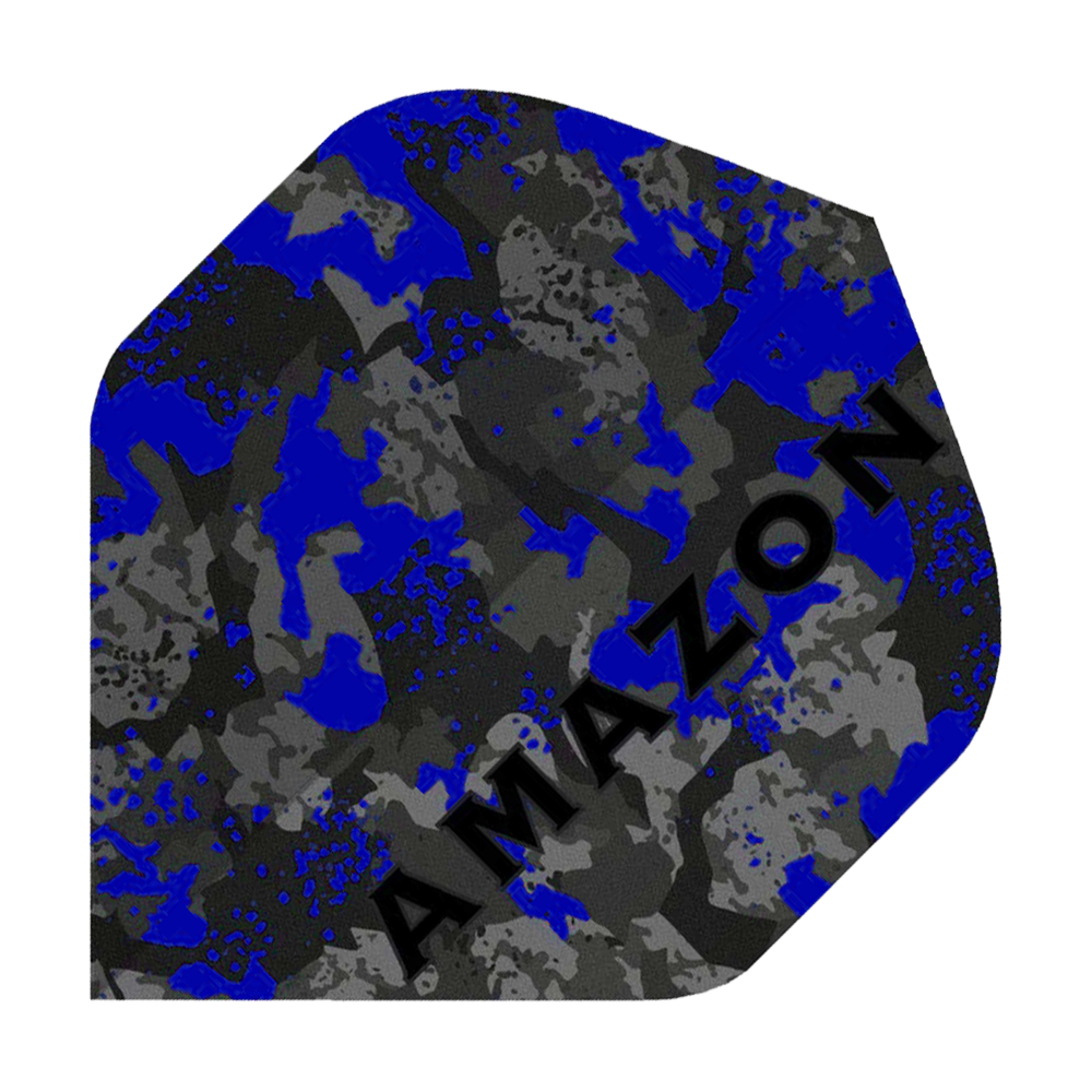 A17_Amazon_Camo_Standard_Flights_Blau_1 Das Bild zeigt ein Dart-Flight mit einem blauen, grauen und schwarzen Camouflage-Muster. Auf dem Flight steht schräg das Wort "AMAZON".