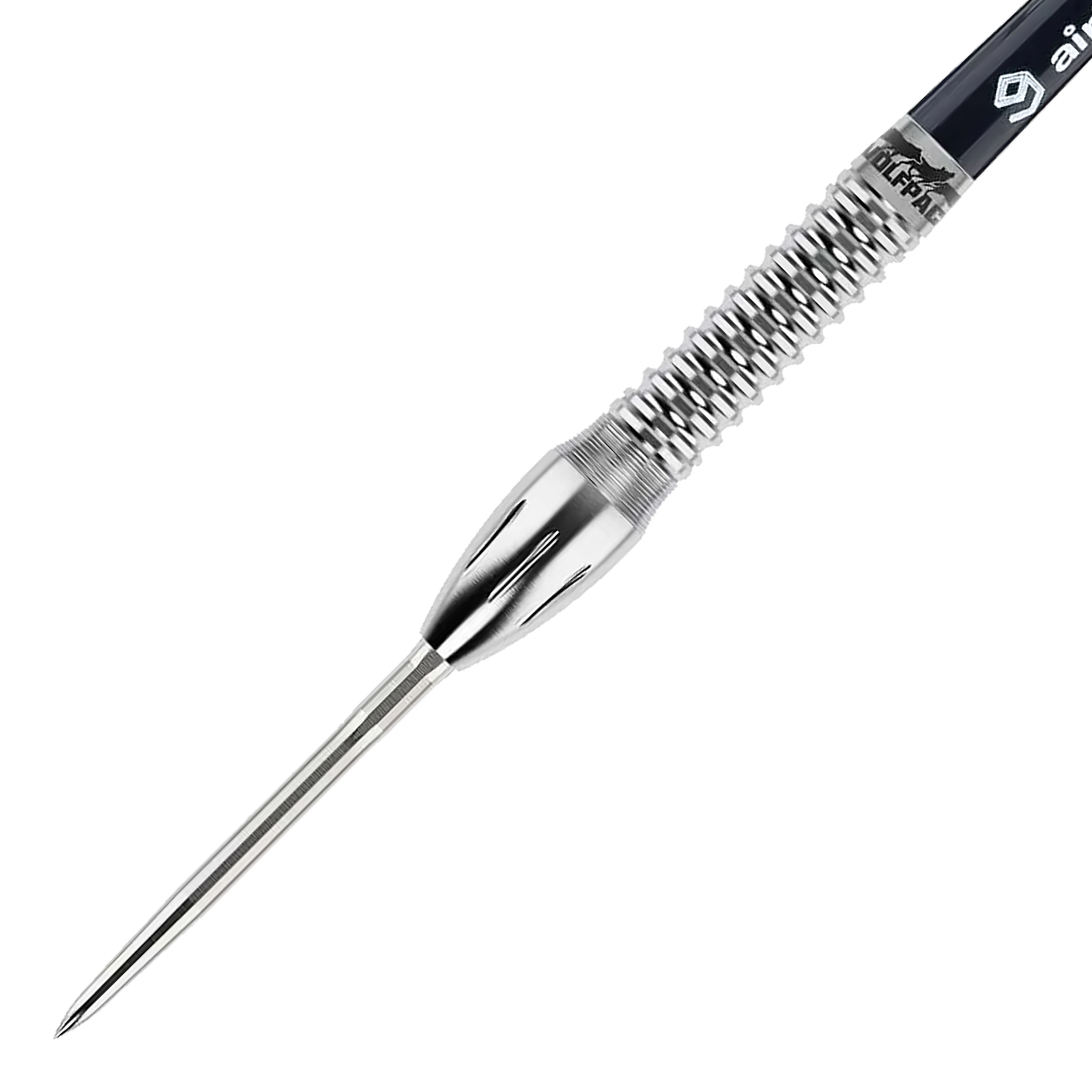 Das Bild zeigt einen Caliburn Wolfpack W4 Steeldart mit einem Gewicht von 20g. Der Dartpfeil besteht aus silberfarbenem Metall und hat eine strukturierte Griffzone.