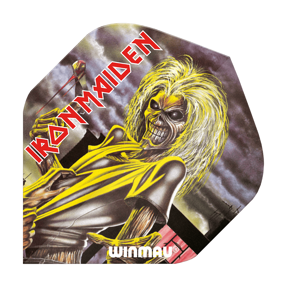 6905-223_Winmau_Rockstar_Legends_Iron_Maiden_Killers_Standard_Flights_1 Das Bild zeigt ein Winmau Rockstar Legends Iron Maiden Killers Standard Dart-Flügel. Auf dem Flight ist das bekannte Iron Maiden Maskottchen "Eddie" mit gelben Haaren und gruseligem Aussehen abgebildet.