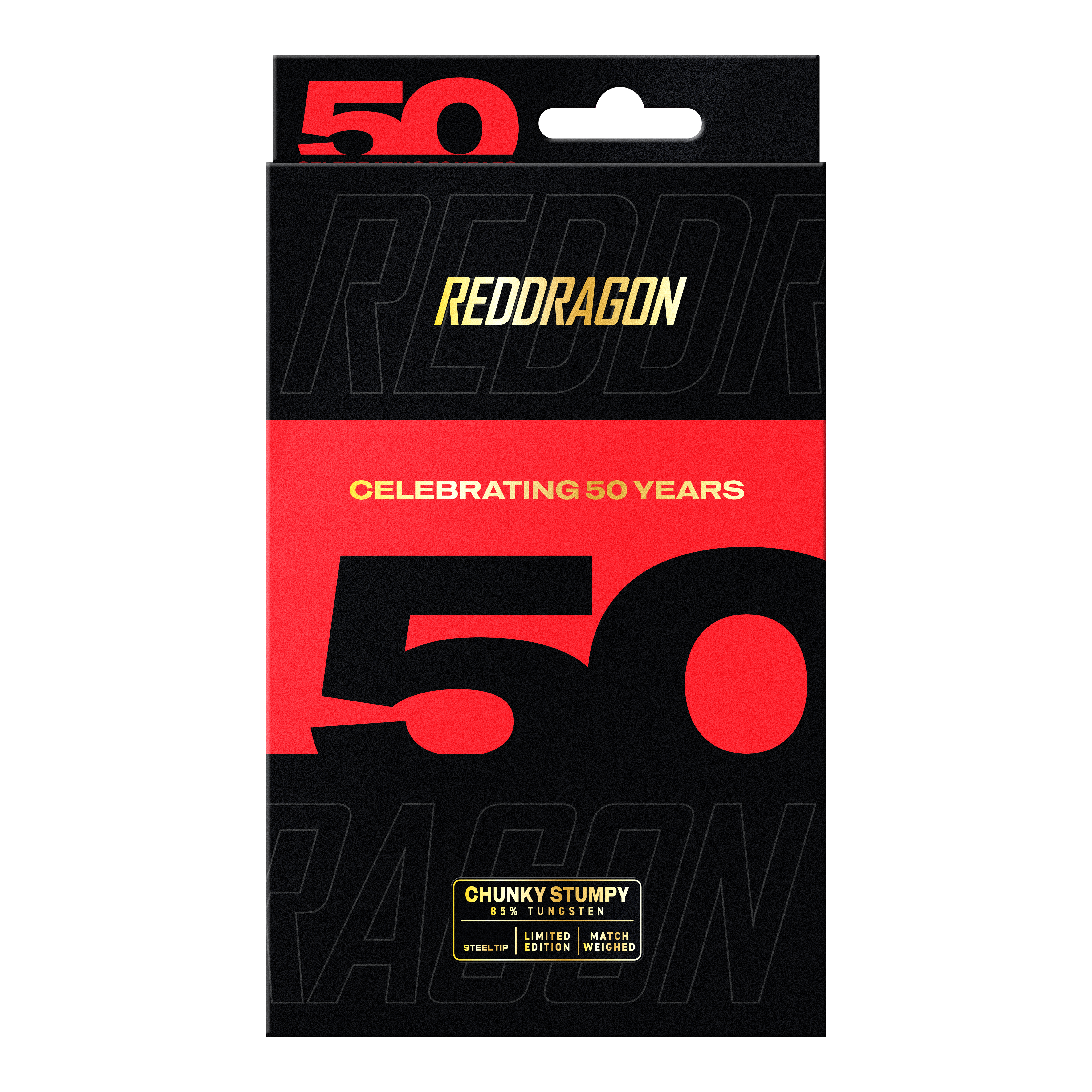 Die Verpackung zeigt das Produkt "Red Dragon 50 Year Collection Chunky Stumpy 3 Steeldarts - 24g". Auf der schwarzen Schachtel steht groß die Zahl 50 und der Schriftzug "Celebrating 50 Years".