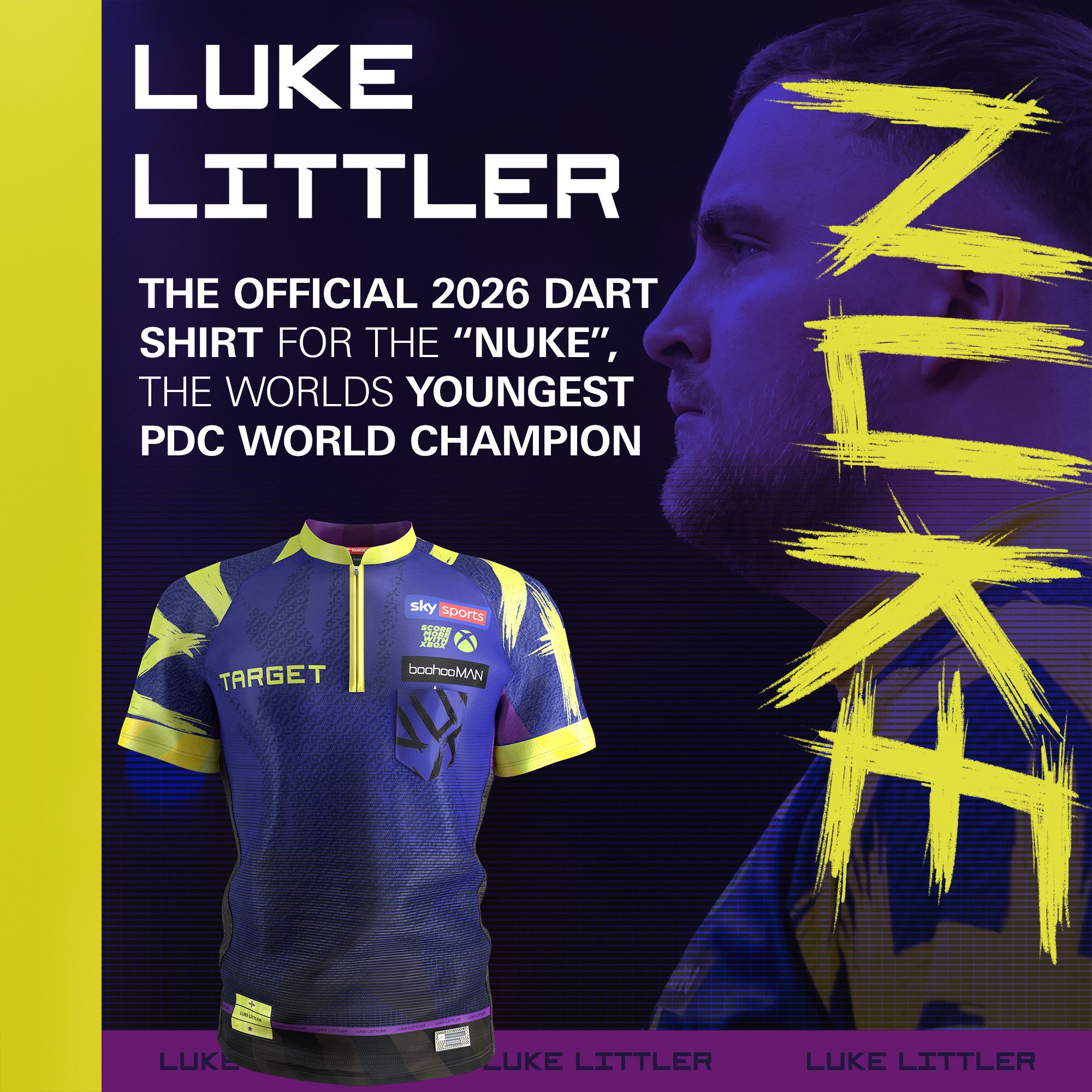 Koszulka do darta Target Luke Littler 2026 Abgebildet ist das Target Luke Littler Dartshirt 2026 aus einer anderen Perspektive. Das Shirt ist speziell für Fans und Spieler geeignet.
