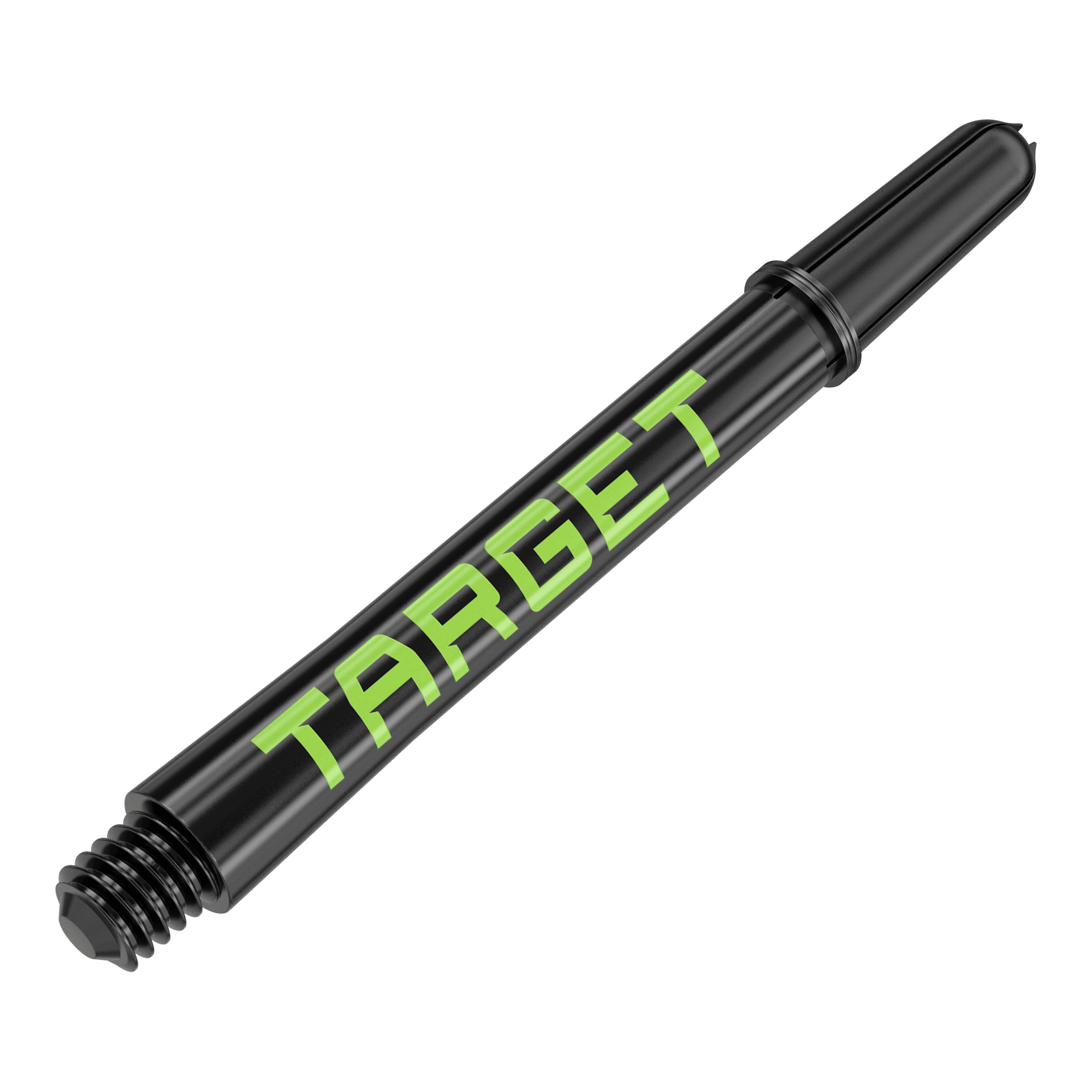 Wałki Target Pro Grip TAG – 3 zestawy – czarno-zielone Zwei Dart-Schäfte in harmonischer Anordnung werden präsentiert. Die Linie und das Profil der Produkte sind markant.