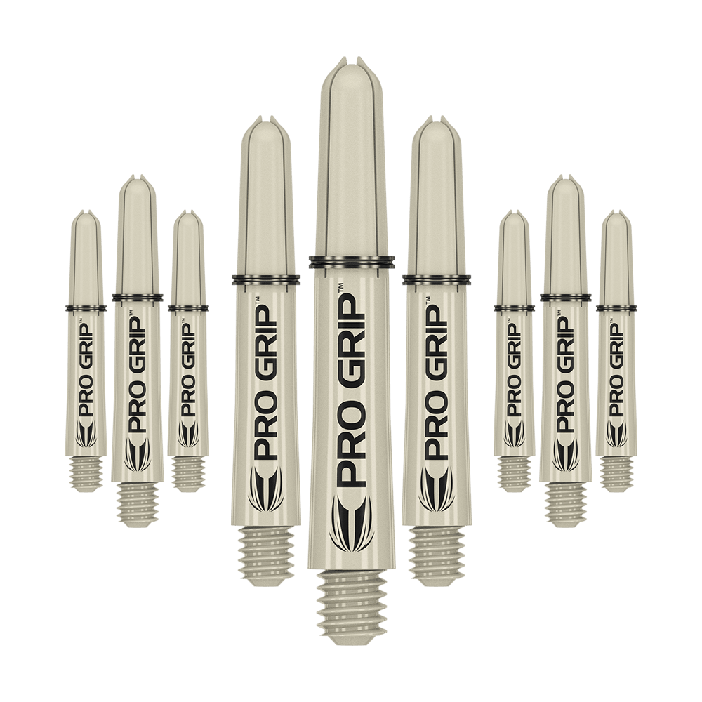 Drążki Target Pro Grip - 3 zestawy - piasek Das Bild zeigt neun beige Dartschäfte mit der Aufschrift „PRO GRIP“. Sie sind in drei Reihen angeordnet, wobei die mittlere Reihe größer erscheint.