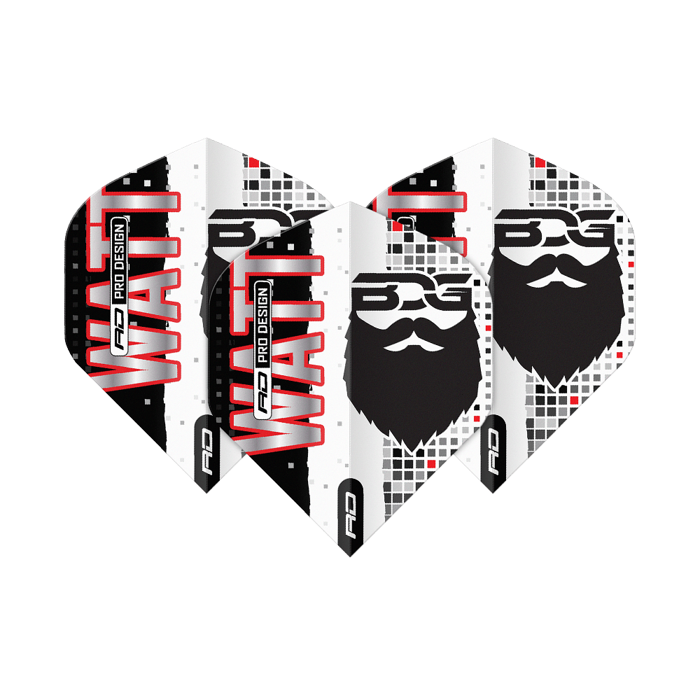 Red Dragon Hardcore Jason Watt BDG Premium No2 Standard Flights Das Bild zeigt vier Dartflights mit dem Aufdruck "WATT" und einem stilisierten Bartgesicht. Die Flights sind in Schwarz, Weiß und Rot gestaltet und tragen das Logo „BDG Pro Design“.
