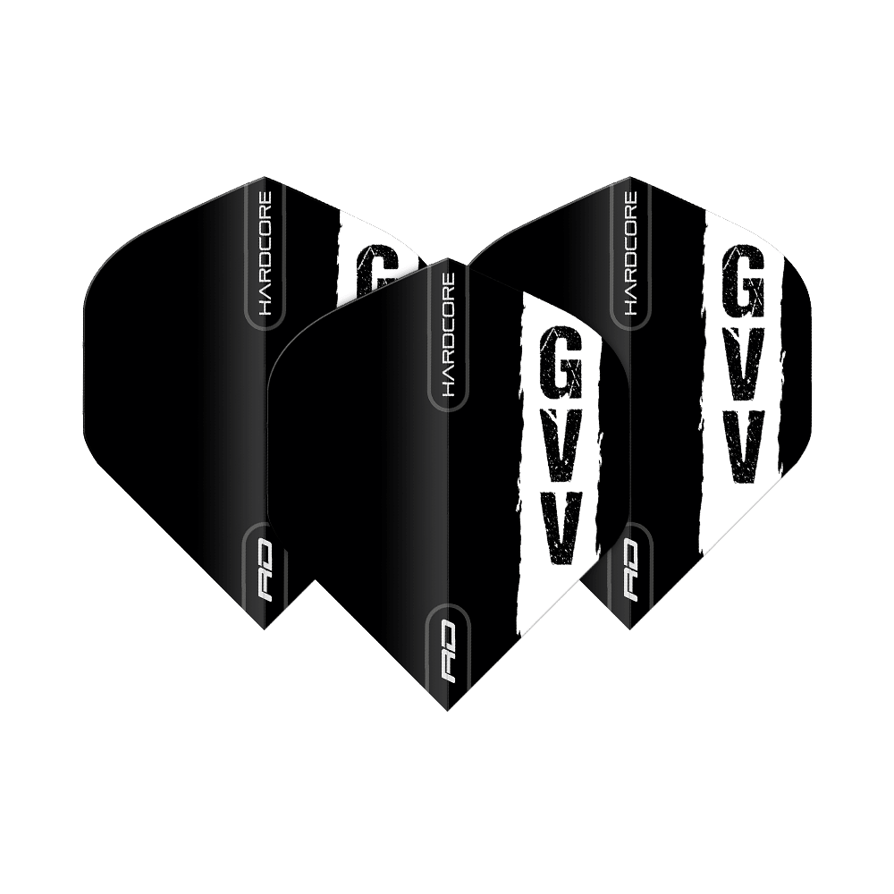 Red Dragon Hardcore Gian Van Veen Czarne Logo Standardowe Loty Das Bild zeigt drei schwarze Dartflights mit dem weißen Aufdruck "GVV" und dem Schriftzug "HARDCORE". Es handelt sich um das Produkt "Red Dragon Hardcore Gian Van Veen Black Logo Standard Flights".