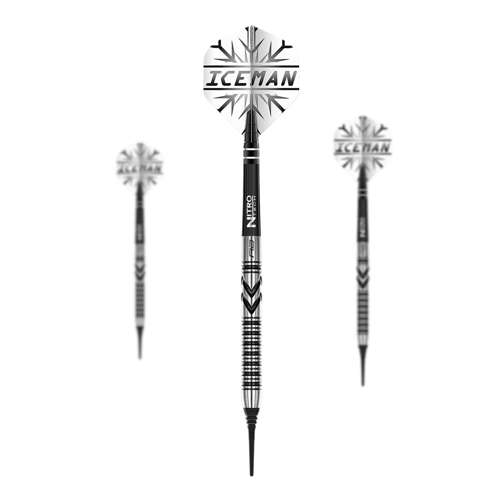 Miękkie rzutki Red Dragon Gerwyn Price Thunderbolt - 20g Das Bild zeigt drei Softdarts des Modells "Red Dragon Gerwyn Price Thunderbolt - 20g". Auf den Flights steht "ICEMAN" und die Darts haben ein schwarz-silbernes Design.