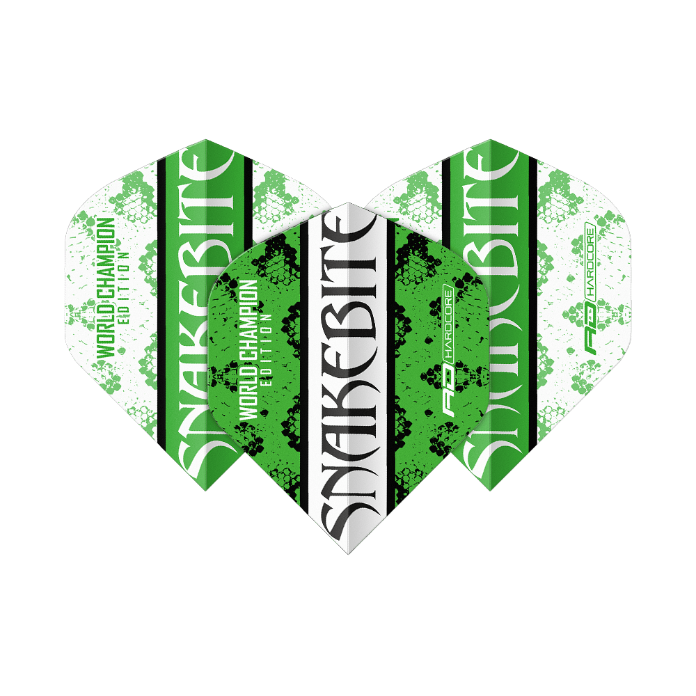 Czerwony Smok Peter Wright Ukąszenie Węża Zielono-Białe Yin Yang Standardowe Loty Das Bild zeigt drei Dart-Flights in den Farben Grün, Weiß und Schwarz mit der Aufschrift "Snakebite". Auf den Flights steht außerdem "World Champion Edition" und das Red Dragon Logo.