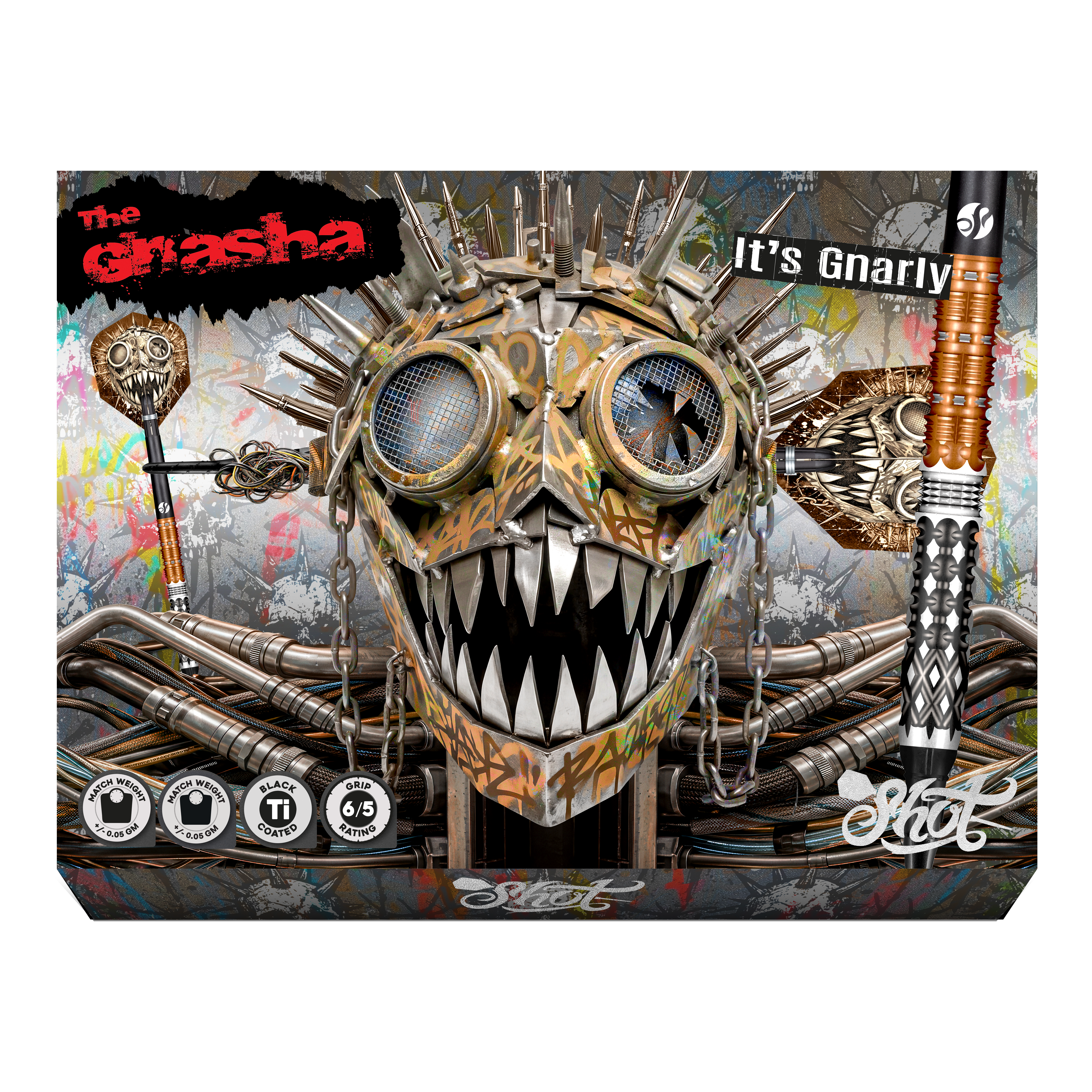 Shoty Gnarly Gnasha Soft Darts - 20g Auf dem Bild befinden sich die Shot Gnarly Gnasha Softdarts - 20g. Die Darts sind für das Spielen mit elektronischen Dartboards geeignet.