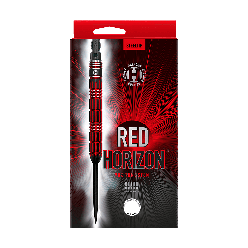 HA33577_Harrows_Red_Horizon_Steeldarts_3 Auf dem Bild ist eine Packung Steeldarts mit dem Namen "Red Horizon" zu sehen. Die Verpackung ist überwiegend rot und schwarz und zeigt ein Bild eines einzelnen Darts.