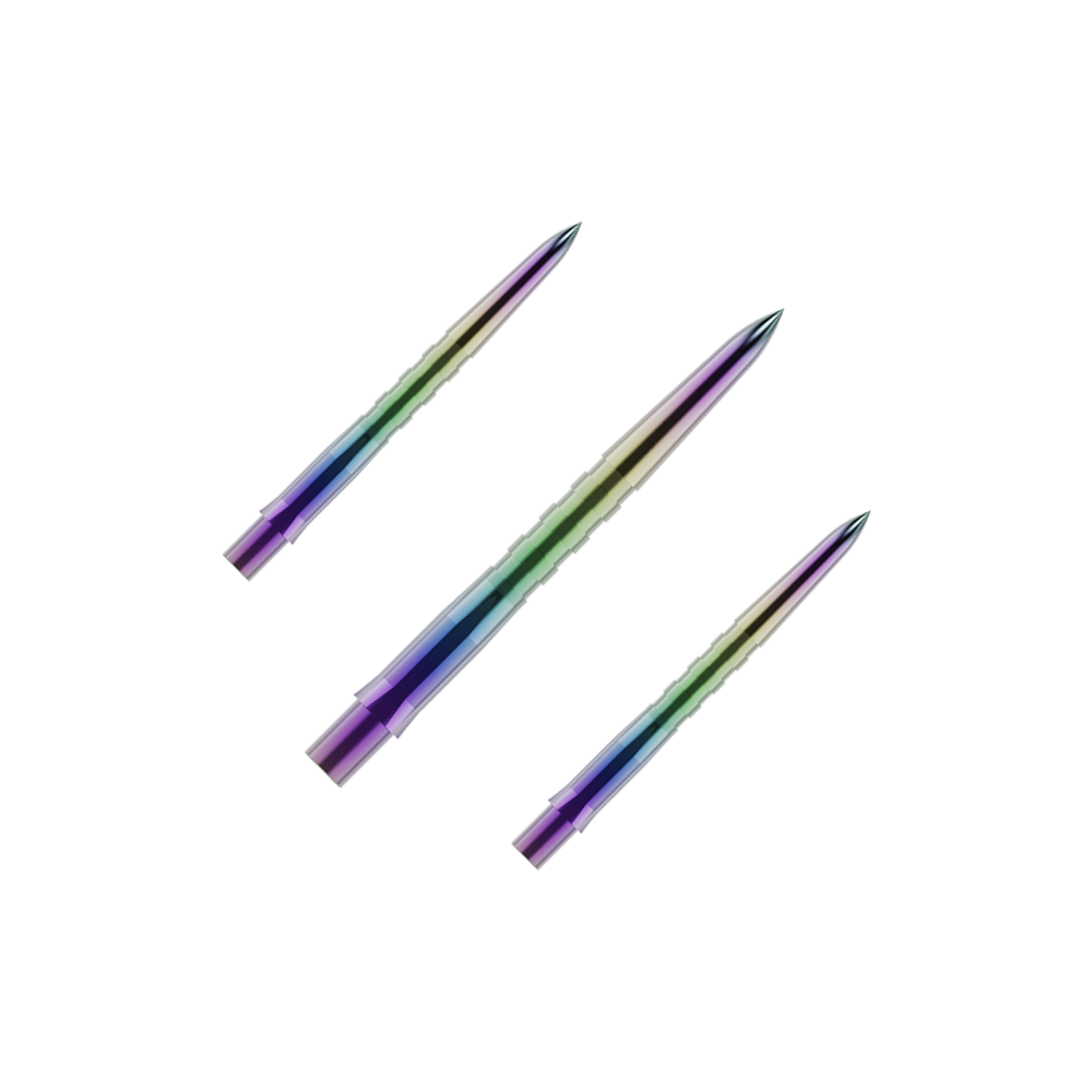 Groty do lotek Mission Caliburn EVO – rowkowane – koralowe Auf dem Bild sind drei bunte, gerillte Dartspitzen zu sehen. Sie haben eine glänzende Oberfläche mit violetten, grünen und blauen Farbverläufen.