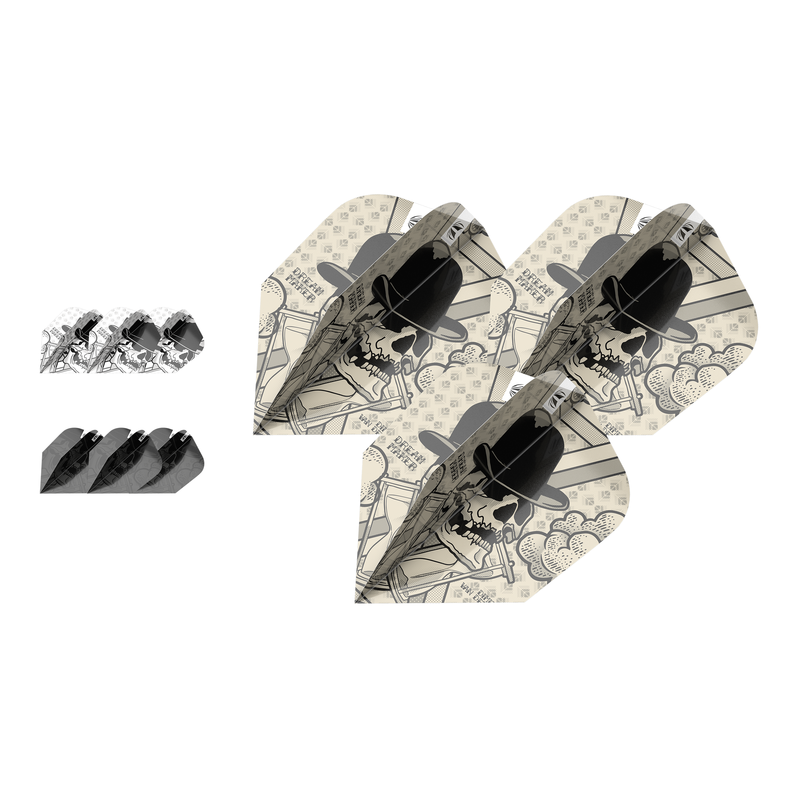 Target Ink Bundle 3 zestawy Dimitri Van Den Bergh Ten-X Flights Das Bild zeigt drei Sets von Dartflights mit einem Totenkopf-Design und Hut. Die Flights gehören zum Produkt "Target Ink Bundle 3 Sets Dimitri Van Den Bergh Ten-X Flights".