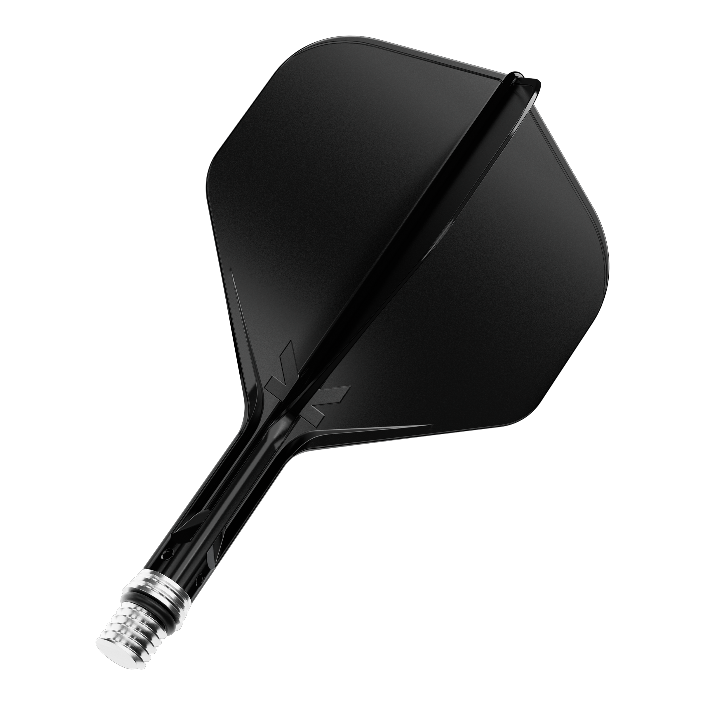 Das Bild zeigt einen Dart Flight in schwarzer Farbe mit der Beschreibung '410546 Target KShift No2 Standard Flights Schwarz 19mm'. Es handelt sich um Zubehör für Dartpfeile.