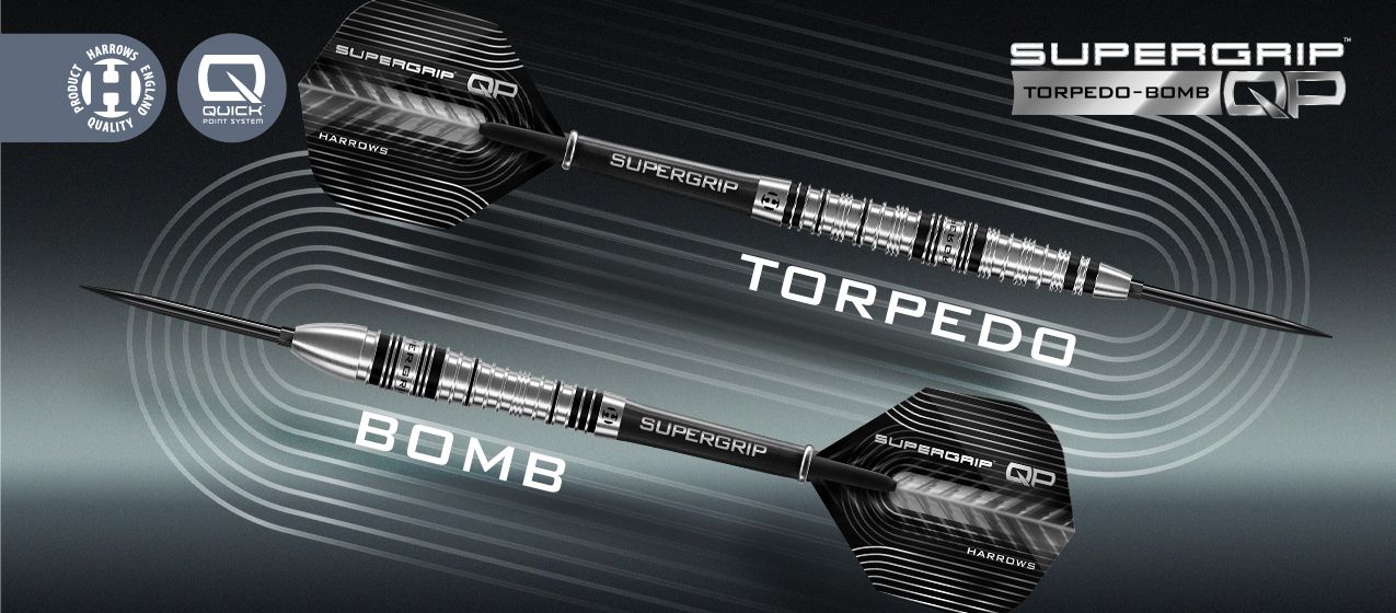 Das Bild zeigt ein Produkt mit dem Namen 2026-01_LP_Harrows_Supergrip_TorpedoBomb. Es handelt sich wahrscheinlich um einen Dartartikel.