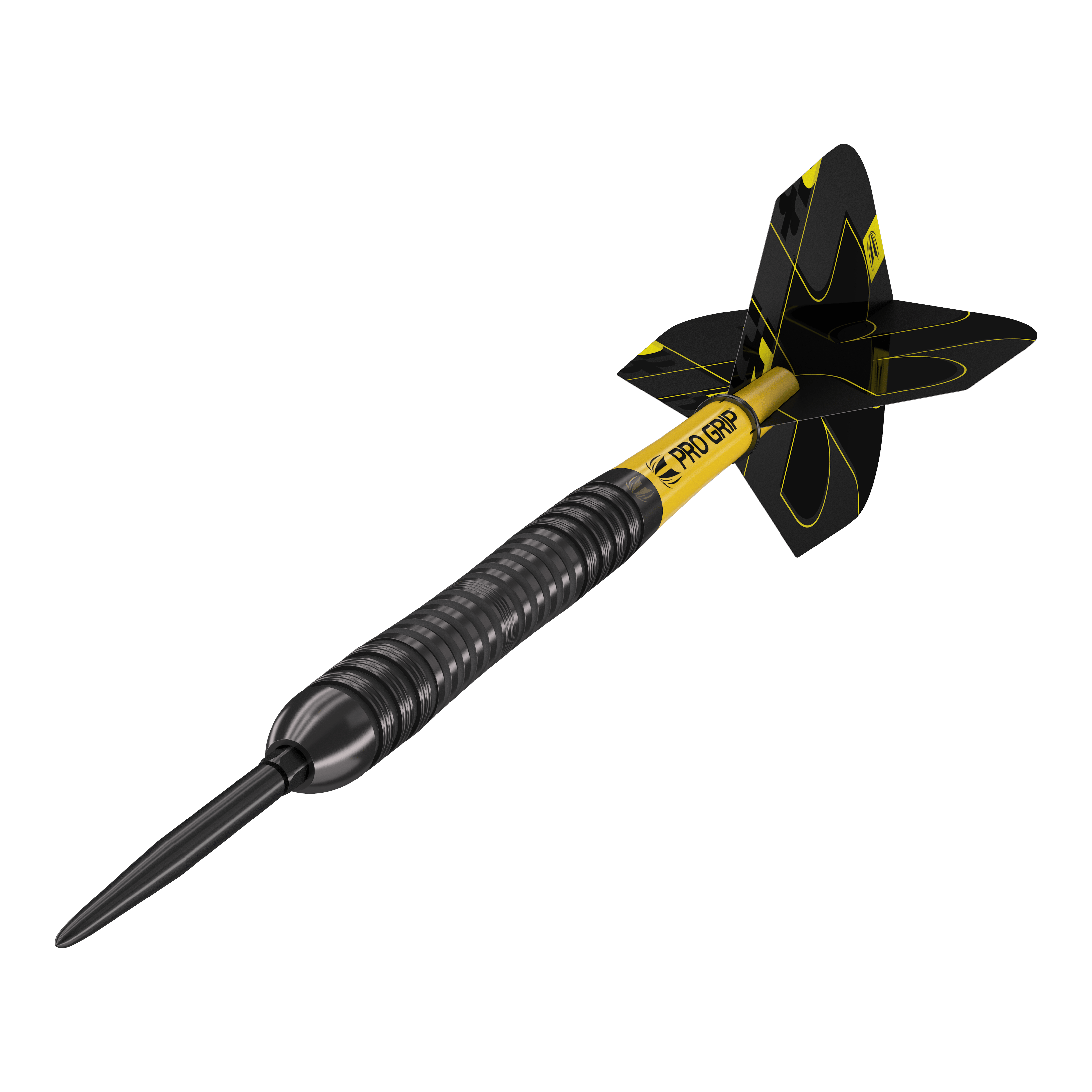 Stalowe lotki Target Bolide Void 04 Swiss Point Das Bild zeigt einen Target Bolide Void 04 Swiss Point Steeldart. Der Dart ist schwarz-gelb und hat eine strukturierte Griffzone sowie schwarze Flights mit gelben Linien.