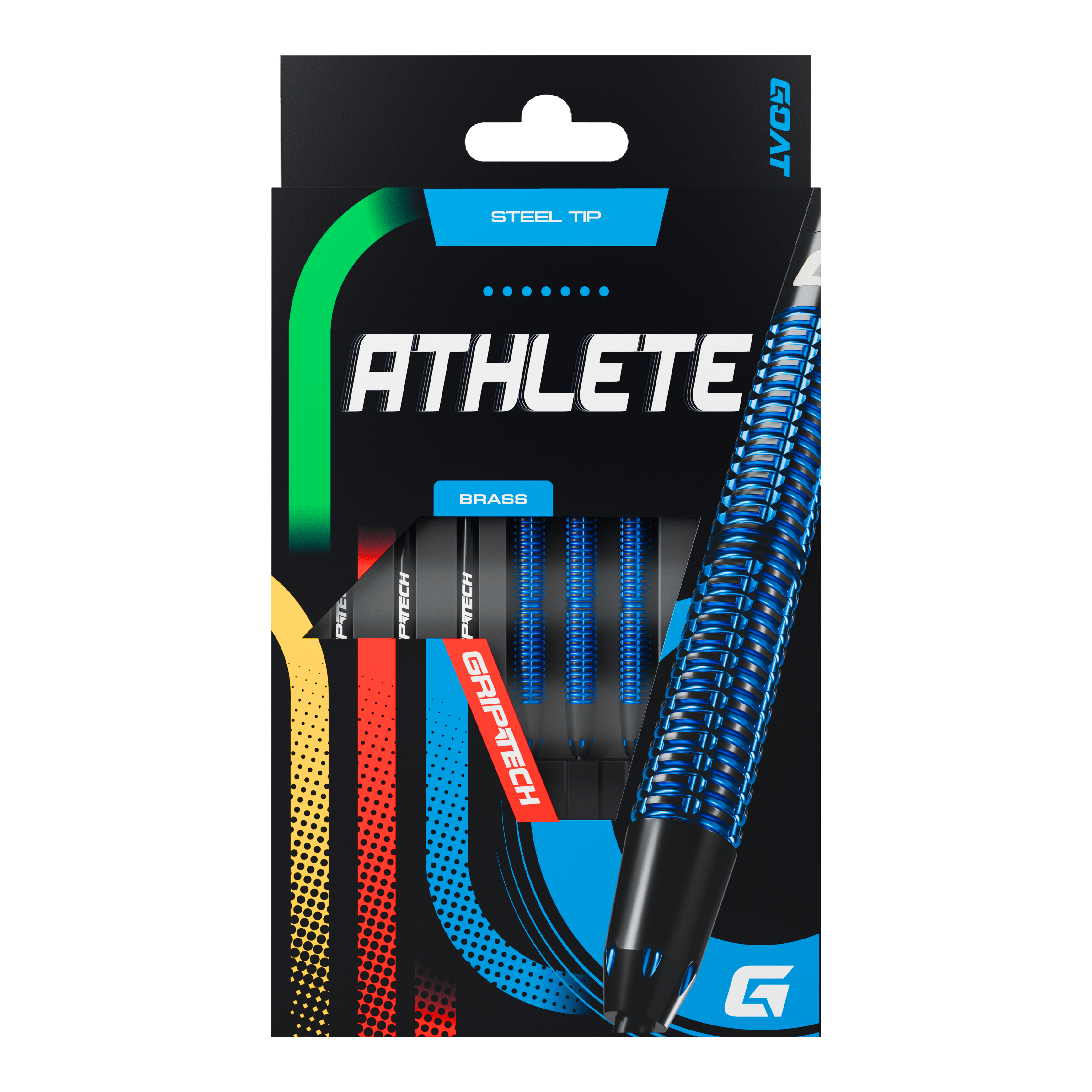 GOAT Athlete Blue Brass Steeldarts - 12g Die Abbildung zeigt die Verpackung der GOAT Athlete Blue Brass Steeldarts mit einem Gewicht von 12g. Auf der Verpackung sind blaue, strukturierte Darts sowie die Aufschrift "ATHLETE" und "GRIPTECH" zu sehen.