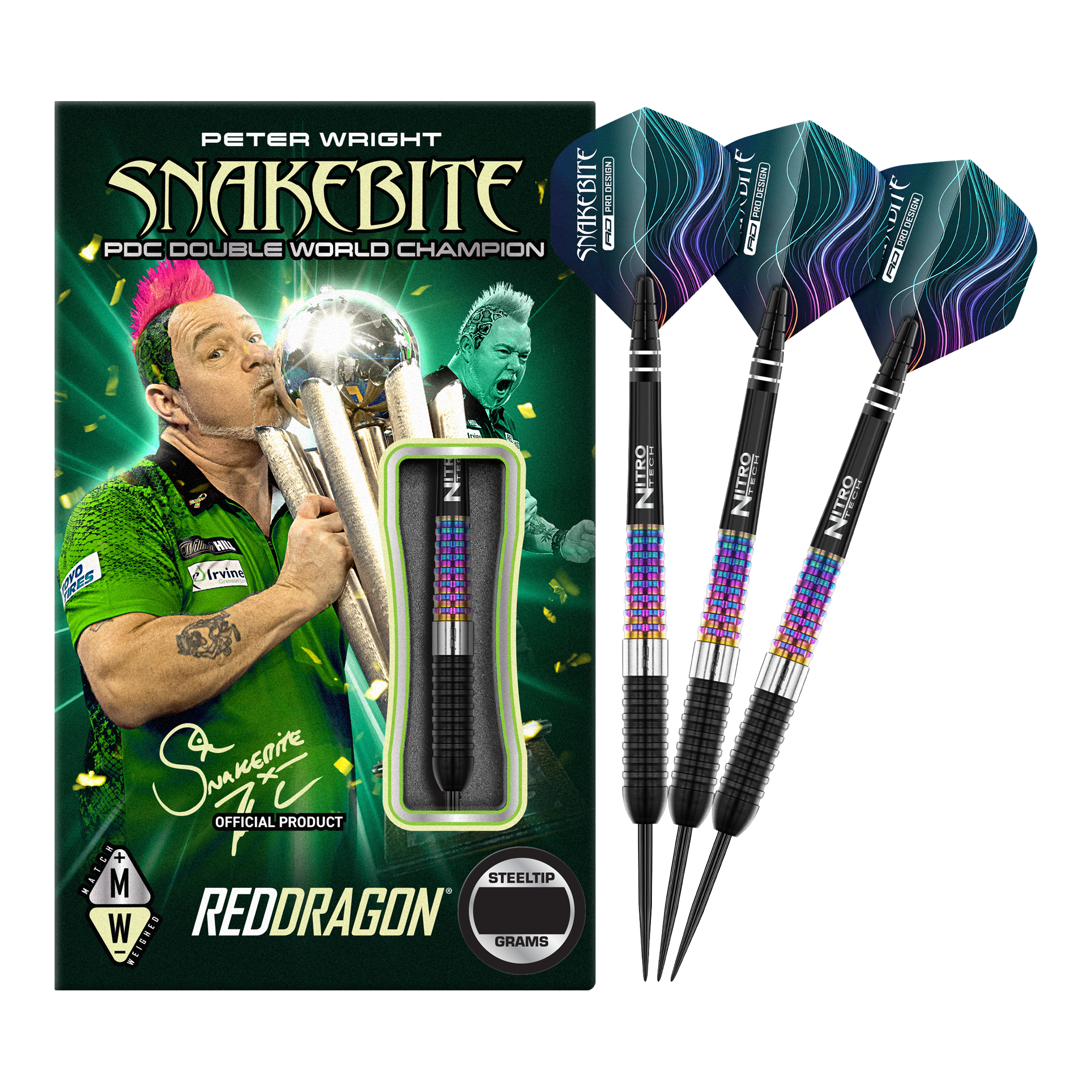 Die Abbildung zeigt die Red Dragon Peter Wright Corra Steeldarts mit bunter Verpackung. Drei Steeldarts mit farbenfrohem Schaft und schwarzen Spitzen sind neben der Verpackung zu sehen.