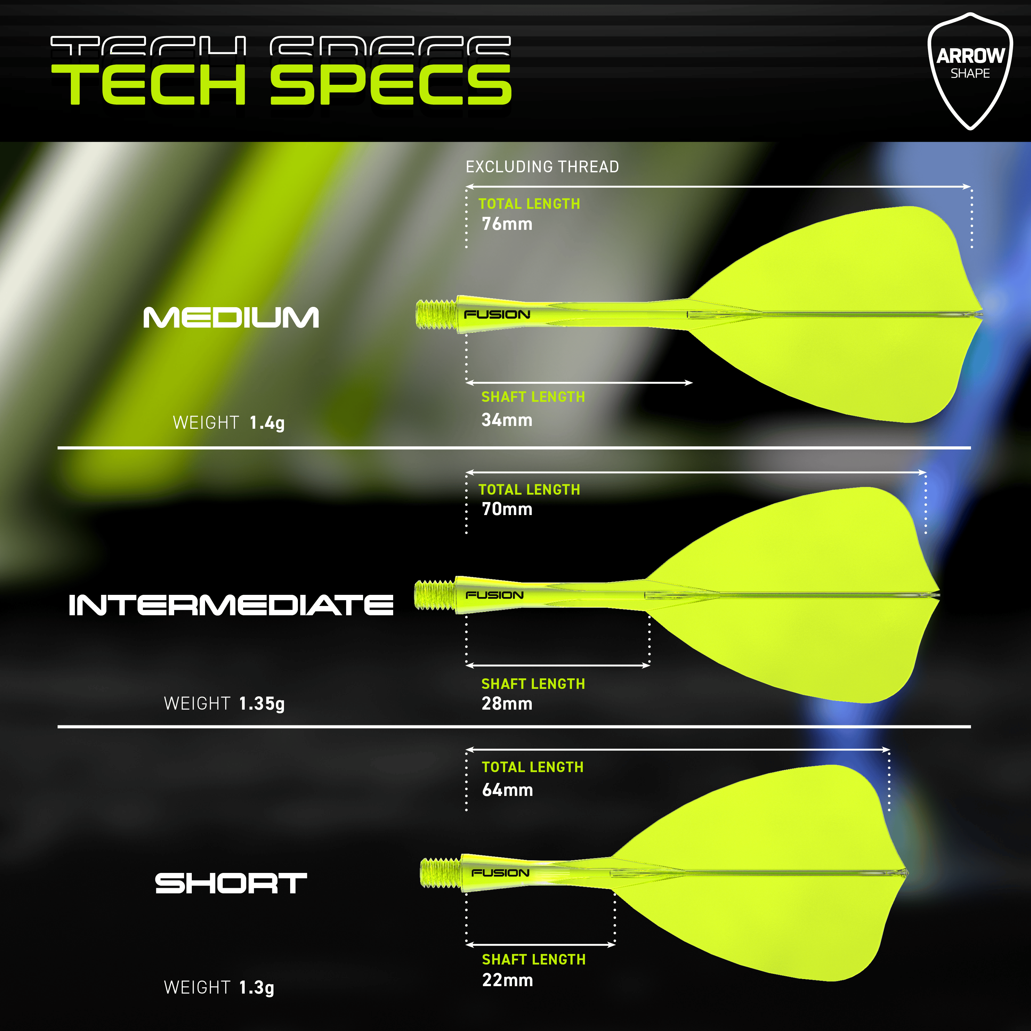 Das Bild zeigt das Winmau Fusion Flight-Shaft-System Arrow Neon Yellow. Es handelt sich um einen leuchtend gelben Flightschaft für Darts.