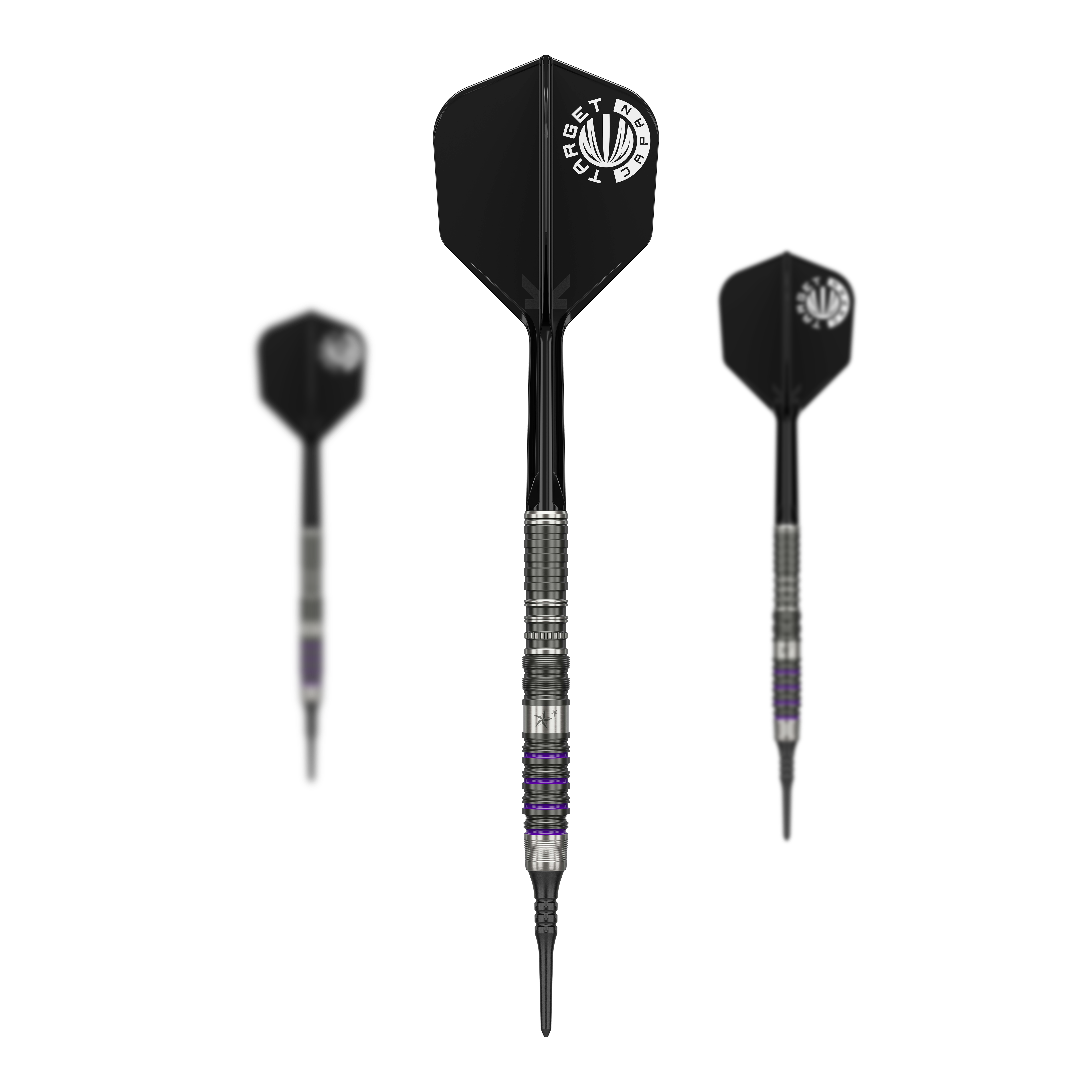 Target Japan Prime Series Yuta Hayashi Sirius GEN3 MAX Soft Darts - 21,5 g Das Bild zeigt drei Softdarts aus der Serie "Target Japan Prime Series Yuta Hayashi Sirius GEN3 MAX" mit einem Gewicht von 21,5g. Die Darts haben schwarze Flights mit weißem Aufdruck und einen silbernen, detailliert gearbeiteten Barrel.