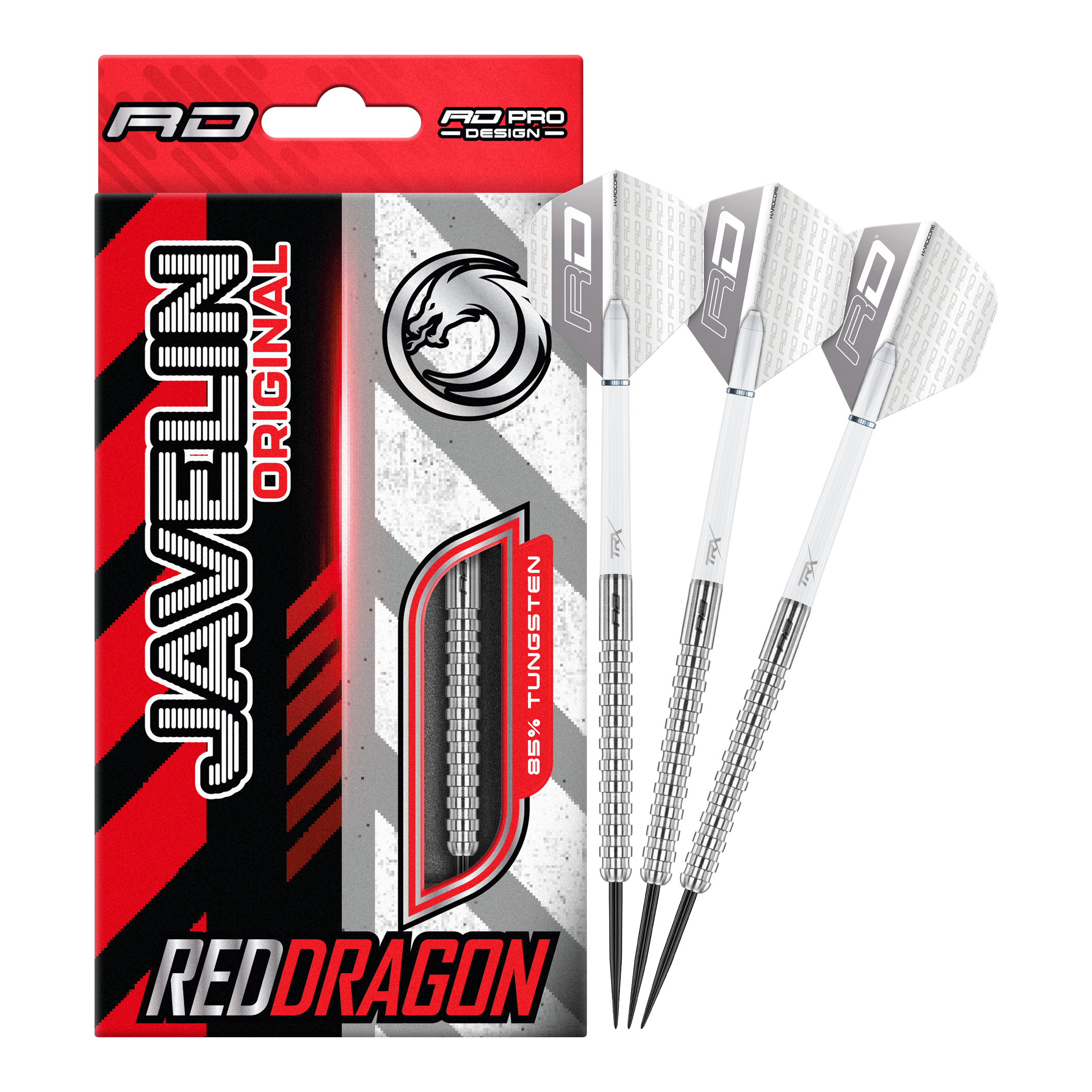 Das Bild zeigt die Red Dragon Javelin Steeldarts in voller Ansicht. Sie sind speziell für das professionelle Darten entwickelt.