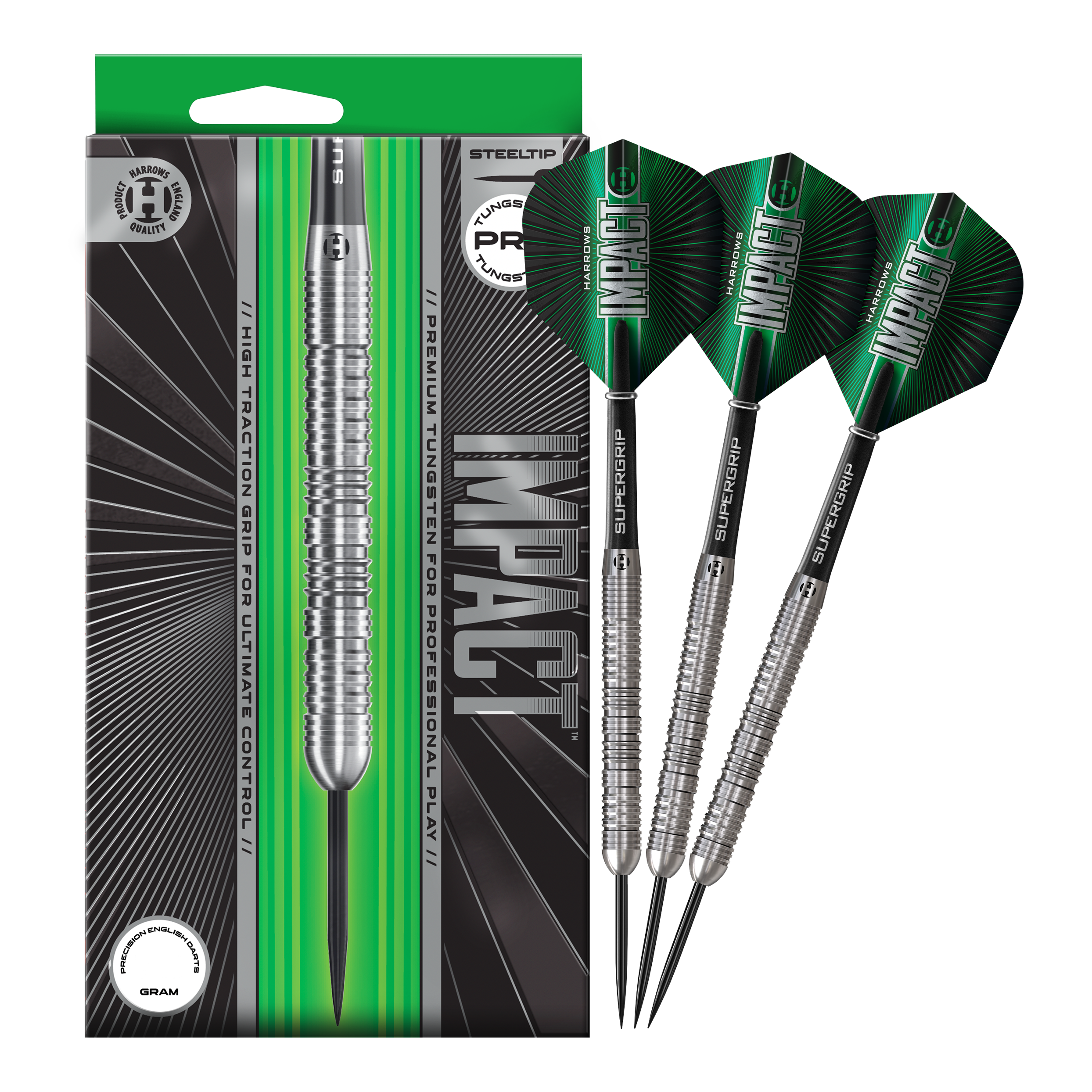 Stalowe lotki udarowe Harrows Das Foto zeigt die vollständigen Harrows Impact Steeldarts. Die Darts sind fertig zusammengestellt für den Gebrauch.