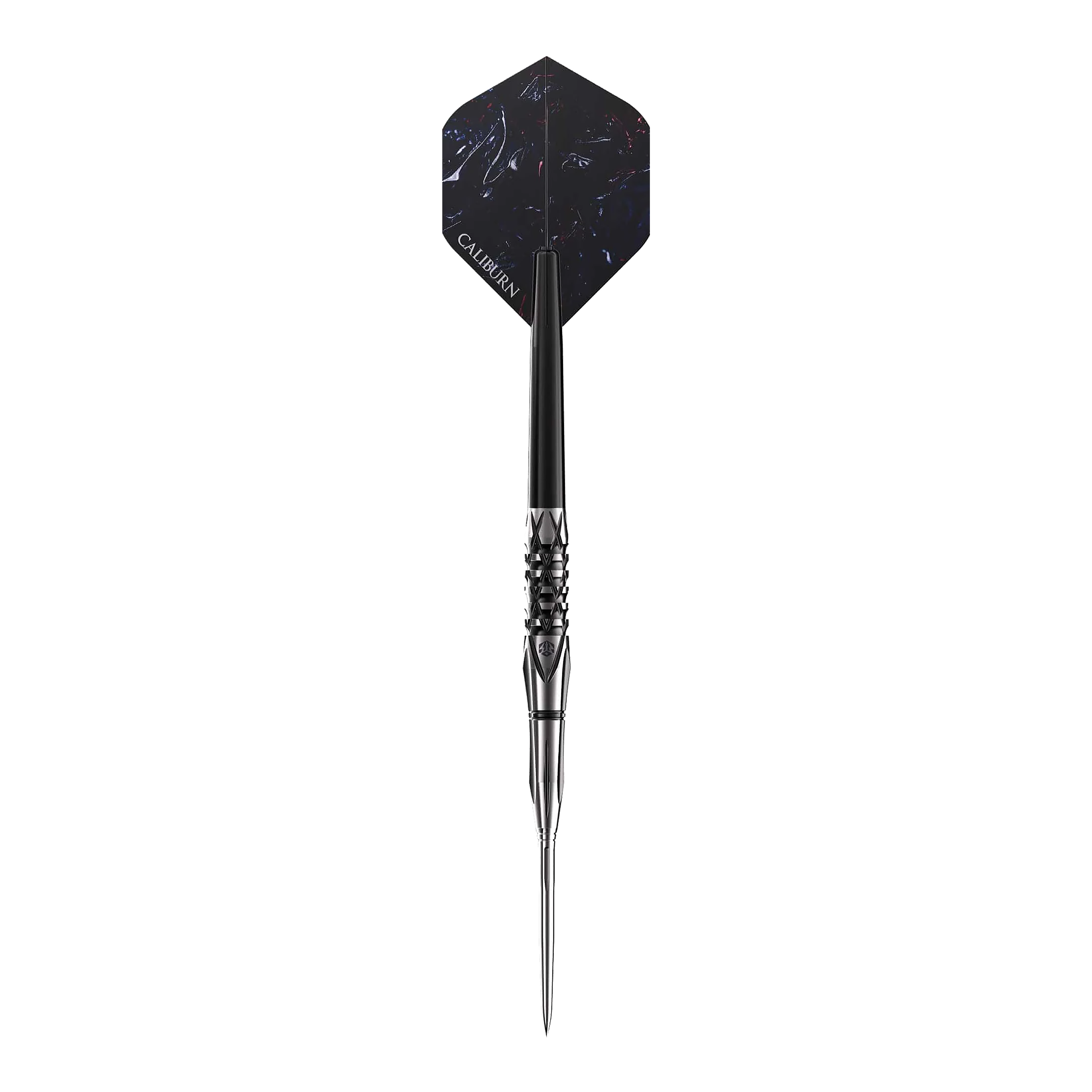 Das Bild zeigt einen Steeldart namens „Caliburn Sword S4“. Der Dartpfeil hat ein elegantes, schwarzes Design mit metallischer Spitze und detaillierten Griffrillen.