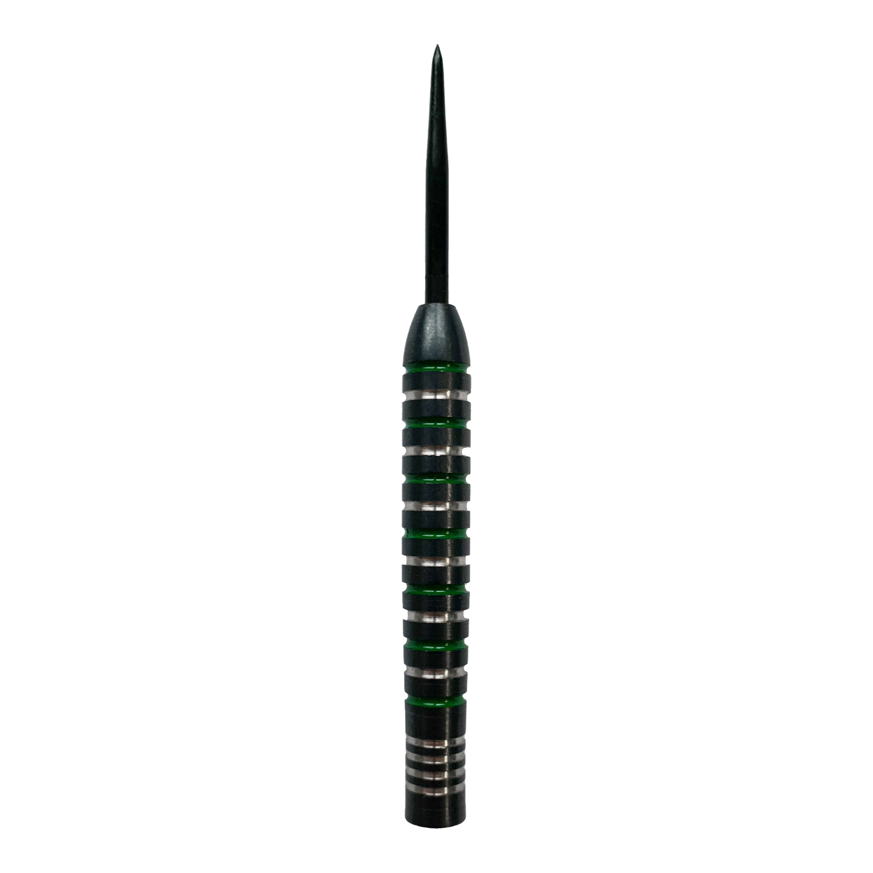 Beczki McDart Silver Green Steeldart Das Bild zeigt ein McDart Silver Green Steeldart Barrel. Der Dartpfeil hat silberne Ringe mit grünen Akzenten entlang des Griffbereichs.