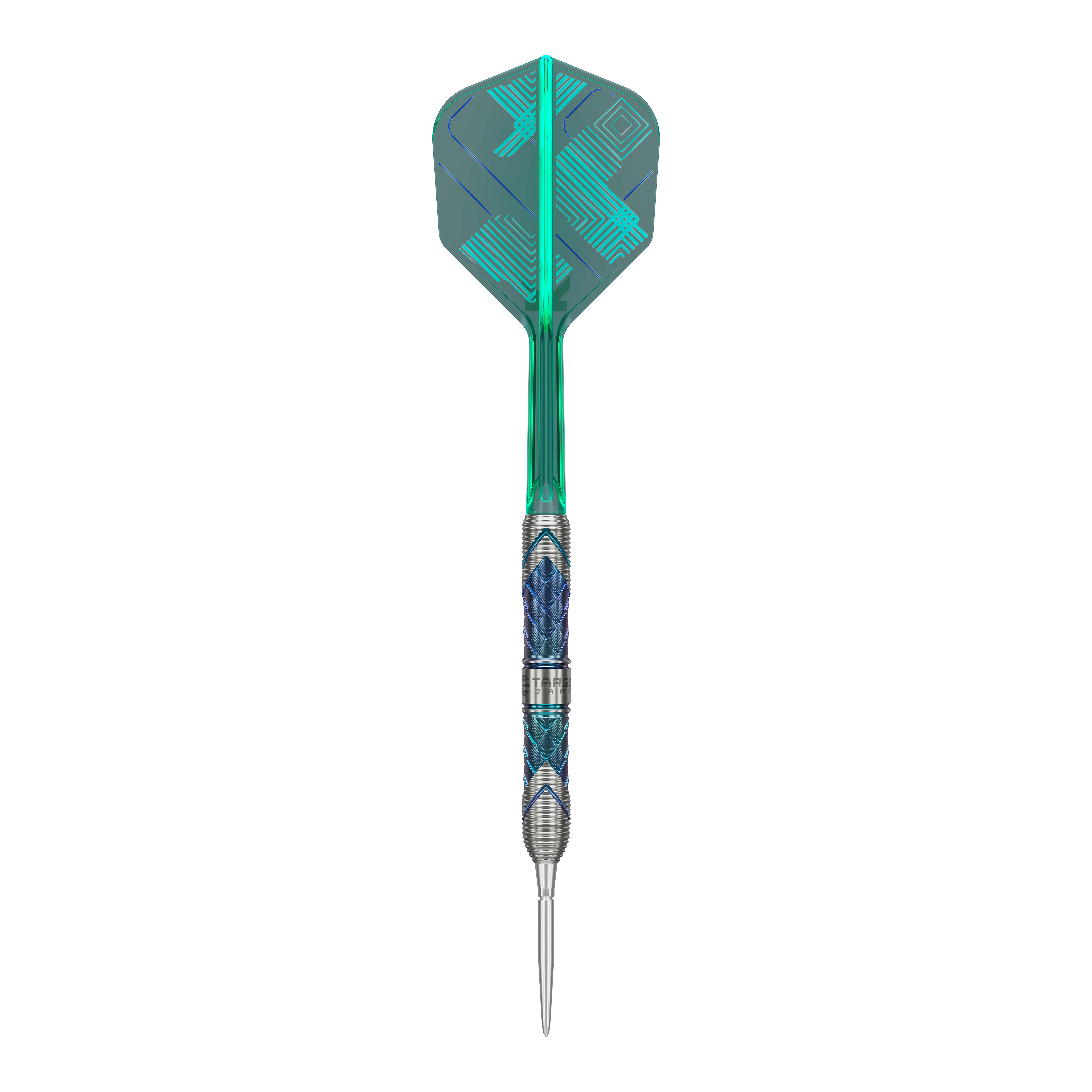 Dies ist ein Steeldart aus der Target Japan Kaze Series, Modell Ceros 03 mit 24g Gewicht. Der Dart hat ein auffälliges Design mit grünen und blauen Akzenten.