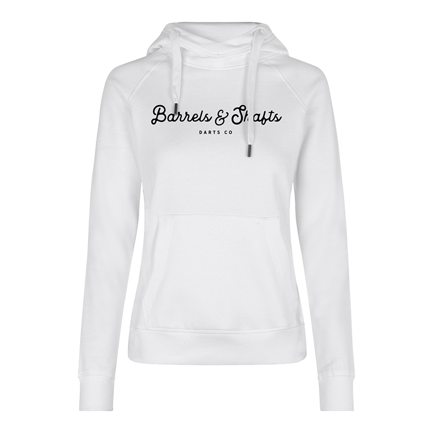 Damska bluza z kapturem Barrels and Shafts – biała Dies ist ein weißer Damen-Hoodie mit Kapuze und Kängurutasche. Auf der Vorderseite steht der Text "Barrels & Shafts Darts Co".