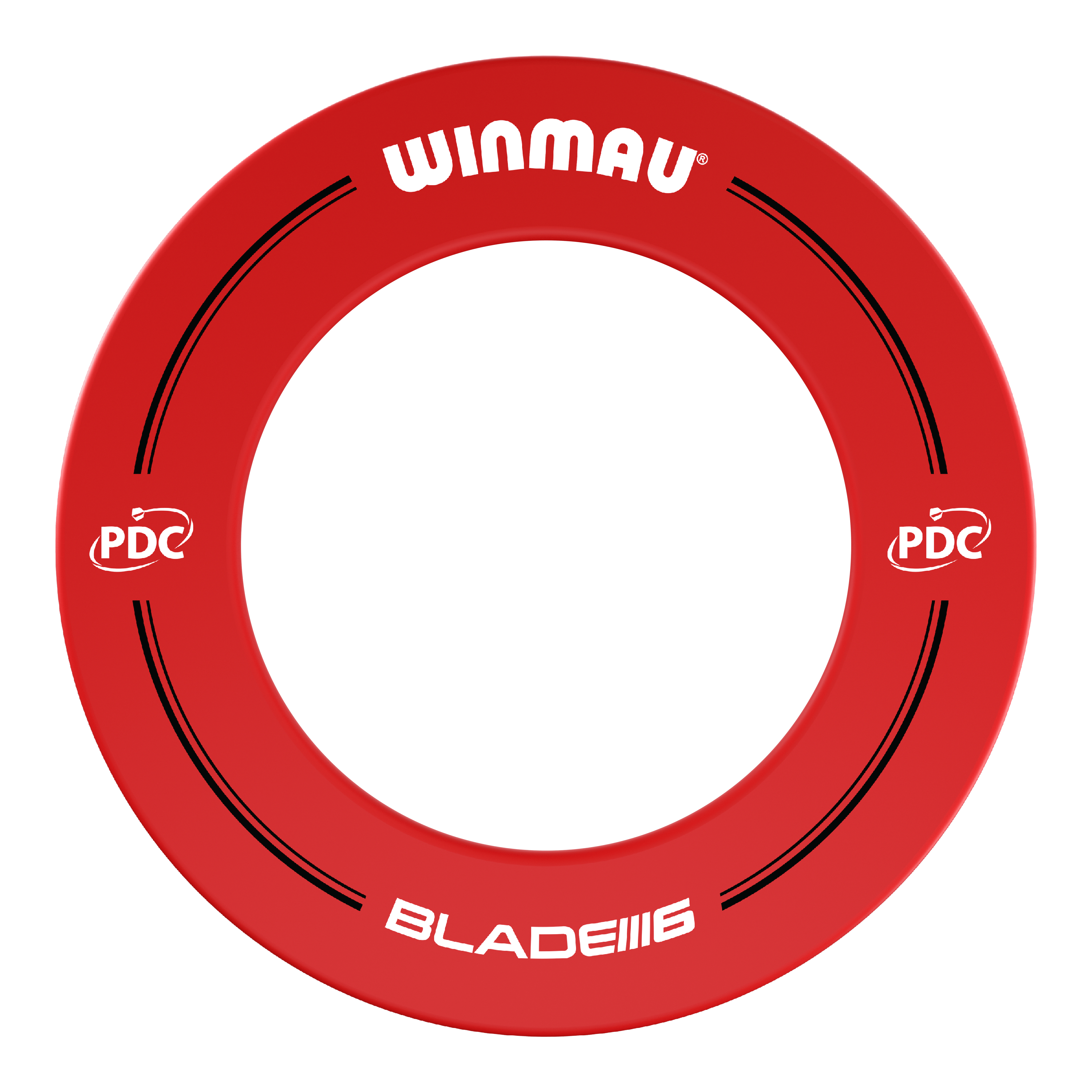 Obudowa tarczy do darta Winmau PDC – czerwona Das Bild zeigt einen roten Dartboard-Surround der Marke Winmau mit der Aufschrift "BLADE 6". Auf dem Ring sind außerdem PDC-Logos und schwarze Designelemente zu sehen.