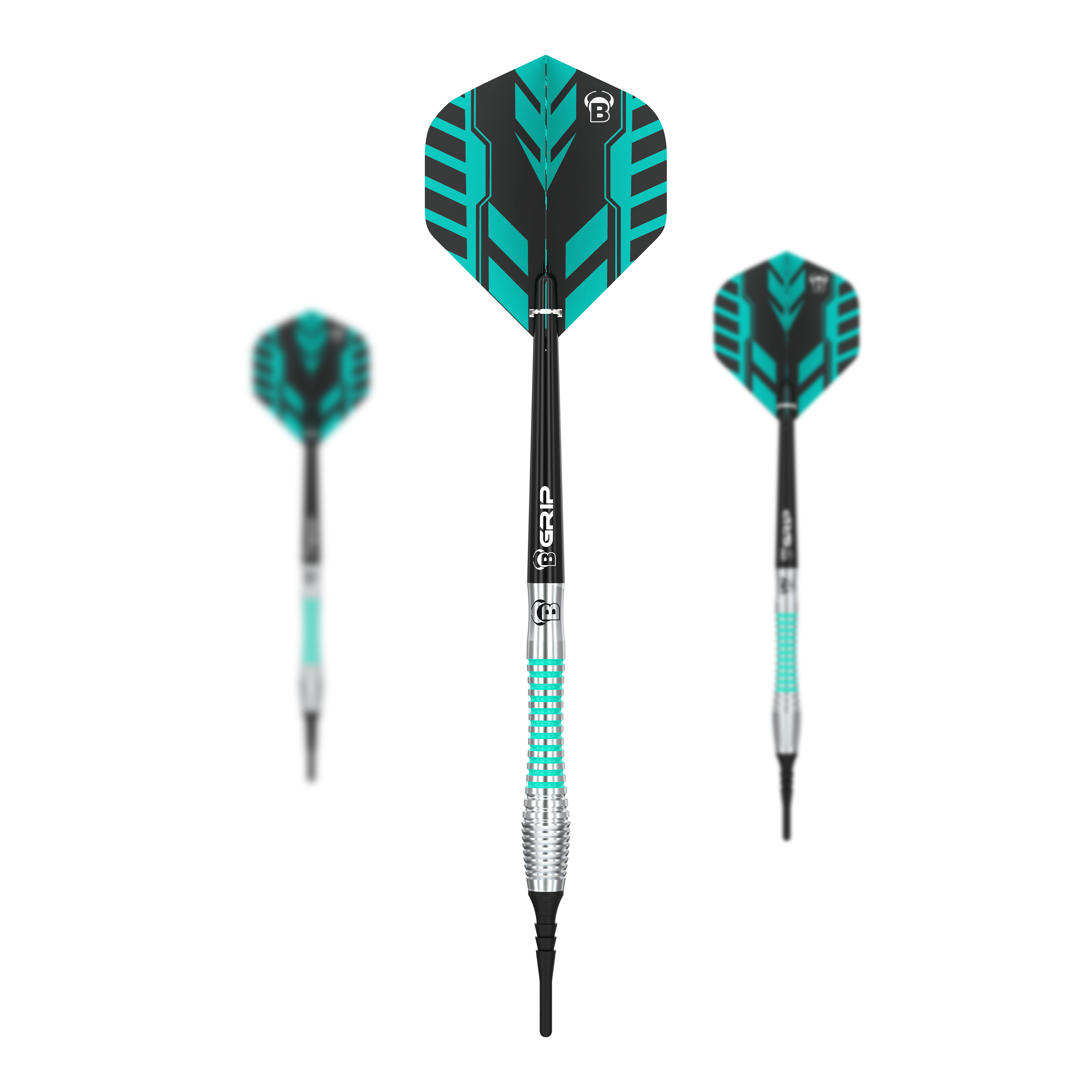 Die Abbildung zeigt drei Bulls Veco V2 Softdarts mit schwarzen und türkisen Designs. Die Darts haben strukturierte Griffe und auffällige Flights.