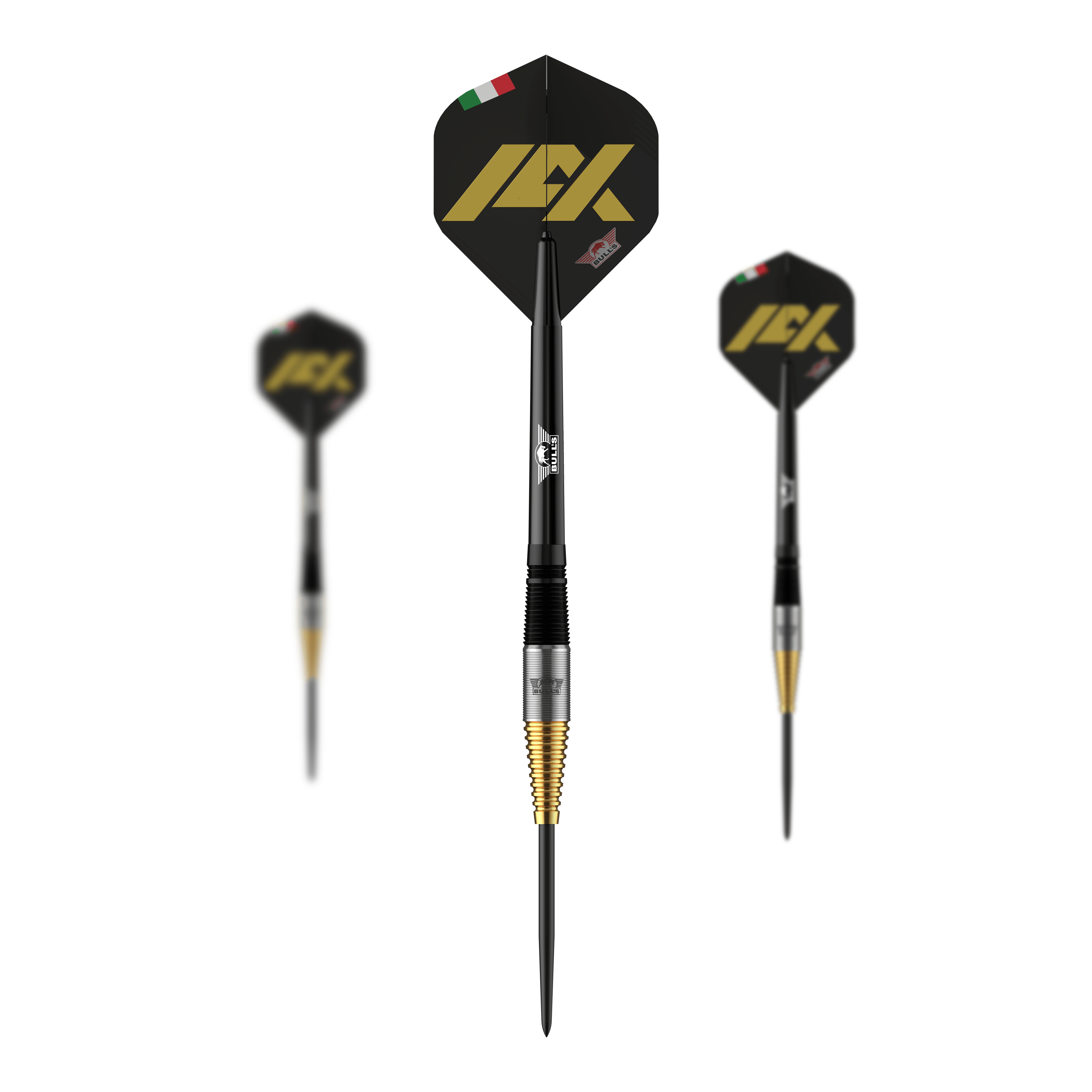 Das Bild zeigt drei Steeldarts des Modells "Bulls NL Massimo Dalla Rosa" mit einem Gewicht von 20g. Die Darts haben schwarze Flights mit goldener Aufschrift und einer kleinen italienischen Flagge.