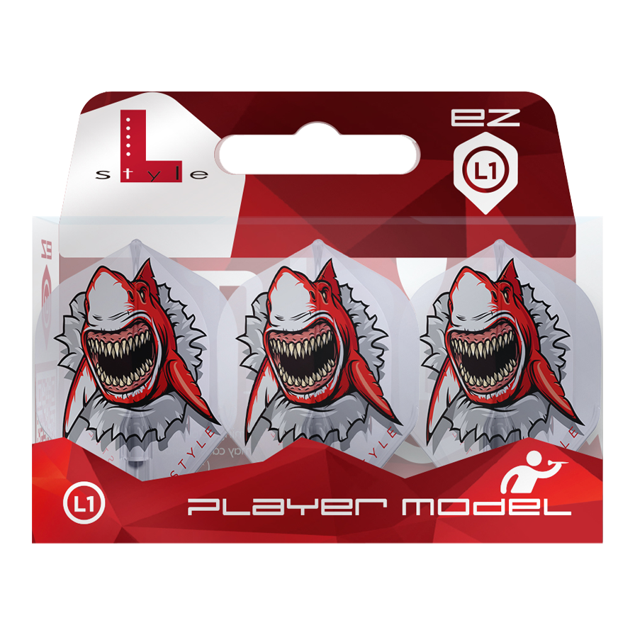 Das Bild zeigt eine Packung „L-Style Florian Hempel Clear White Signature Champagne L1EZ Flights“. Auf den Flights ist ein aggressiver Hai mit offenem Maul und roten Akzenten abgebildet.