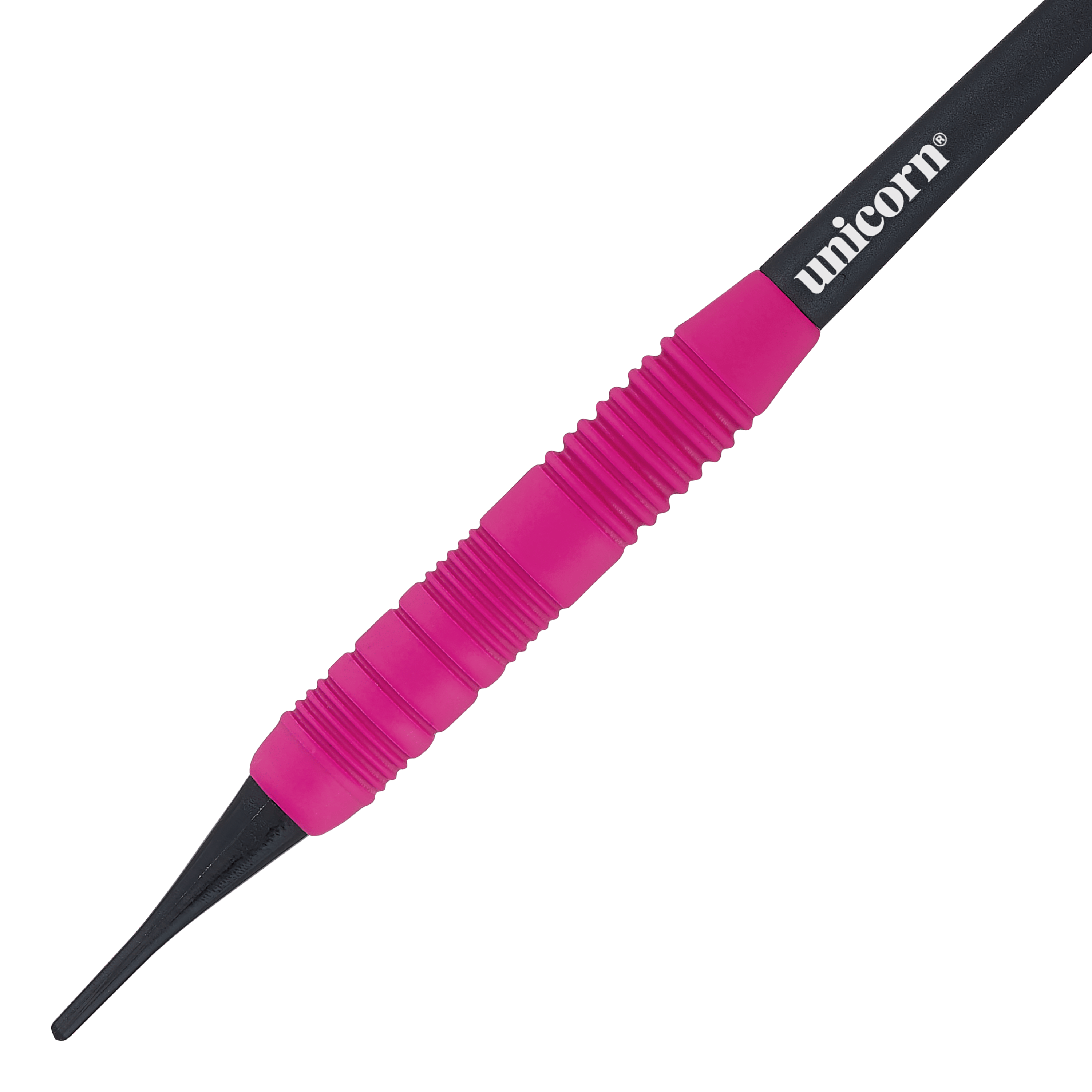 Unicorn Core Plus Gumowane Różowe Miękkie Lotki - 19g Das Bild zeigt einen Unicorn Core Plus Rubberised Pink Softdart mit einem Gewicht von 19g. Der Dart hat einen pinken, gummierten Griff und eine schwarze Spitze.