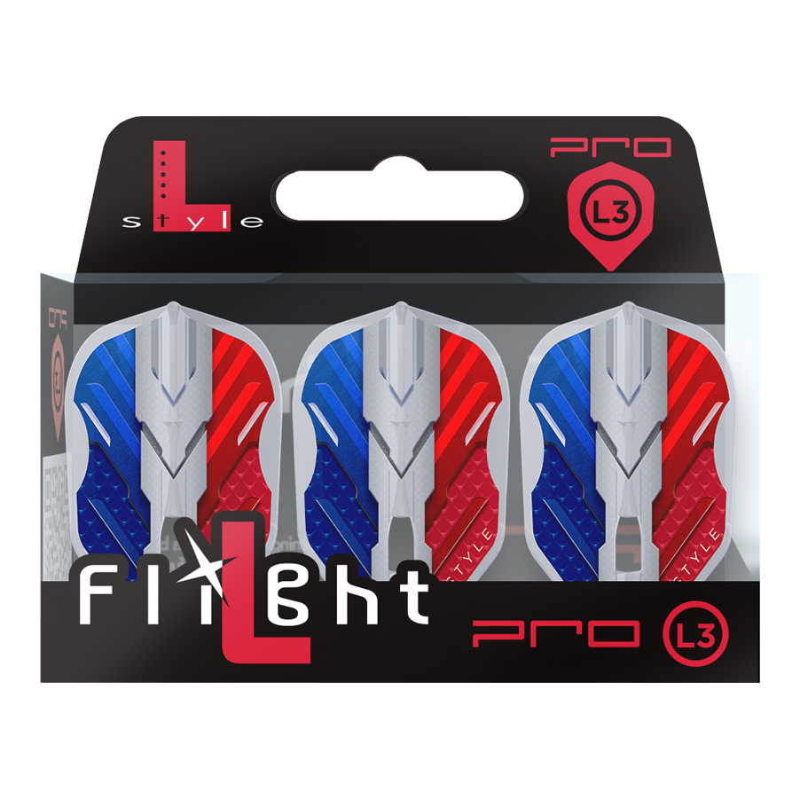 L-Style V-Series V1 Typ B Francja Przezroczysta biel L3PRO Loty Das Bild zeigt eine Verpackung mit drei Dartflights der Marke L-Style in den Farben Blau, Weiß und Rot. Auf der Verpackung steht "Flight L Pro L3", und die Flights haben ein modernes, kantiges Design.